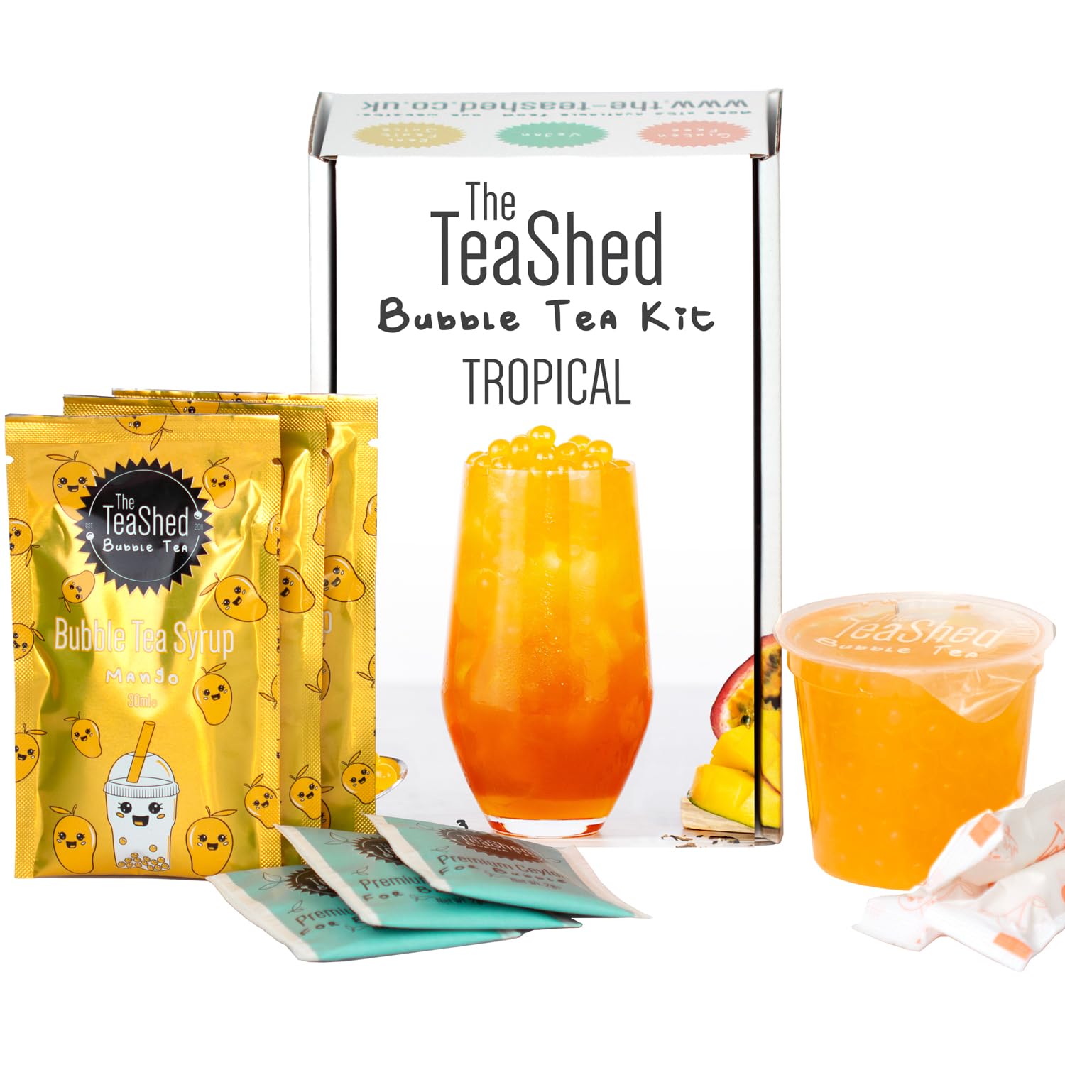 The TeaShed Bubble Tea Kit Gift Box | Tropical Mango & Passion Fruit Popping Boba | 3-Serve Set with Ceylon Tea 2