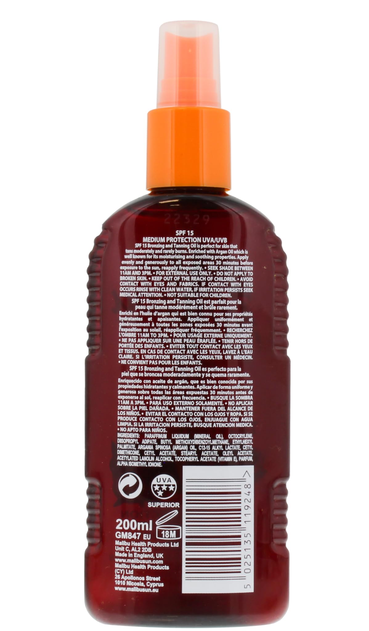Malibu Sun SPF 15 Bronzing Tanning Oil Spray with Argan Oil - 200ml
