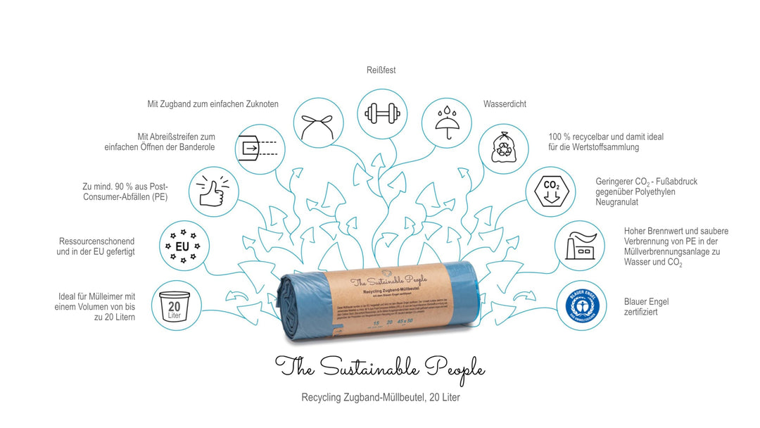 TSP Recycling Drawstring Bin Liners, 20 L, 15-Pack, Made from 90% Post-Consumer Recycled PE, Blue Angel Certified