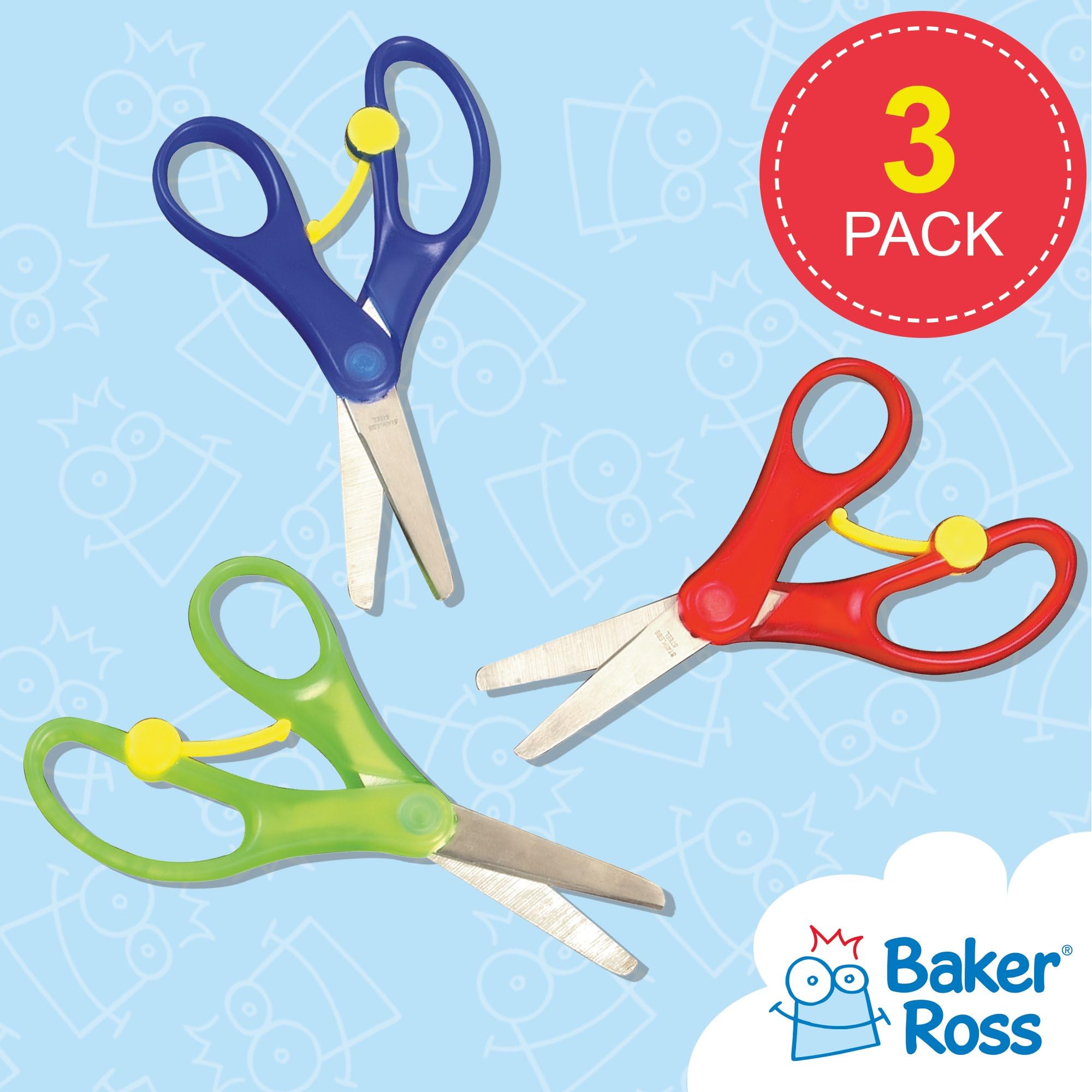 Baker Ross Spring-Loaded Craft Scissors - Pack of 3, Stainless Steel Blades, 13cm Size