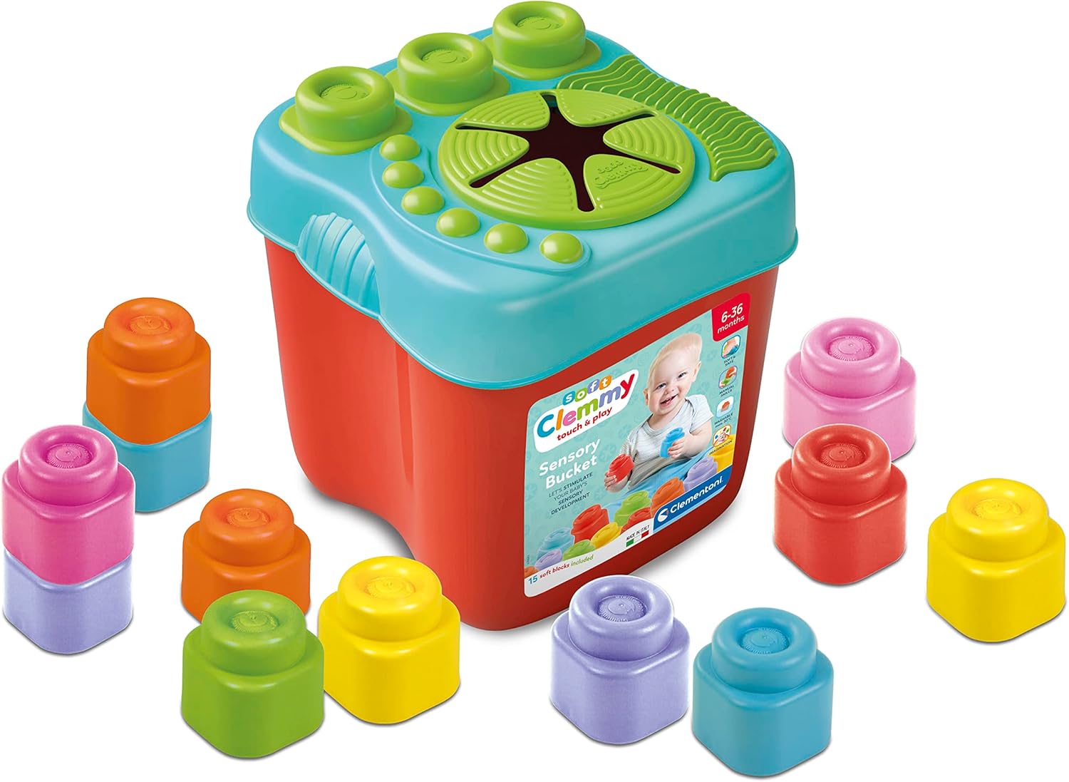 Clementoni 17807 Sensory Bucket - Soft Building Blocks for 6 Months+ 1