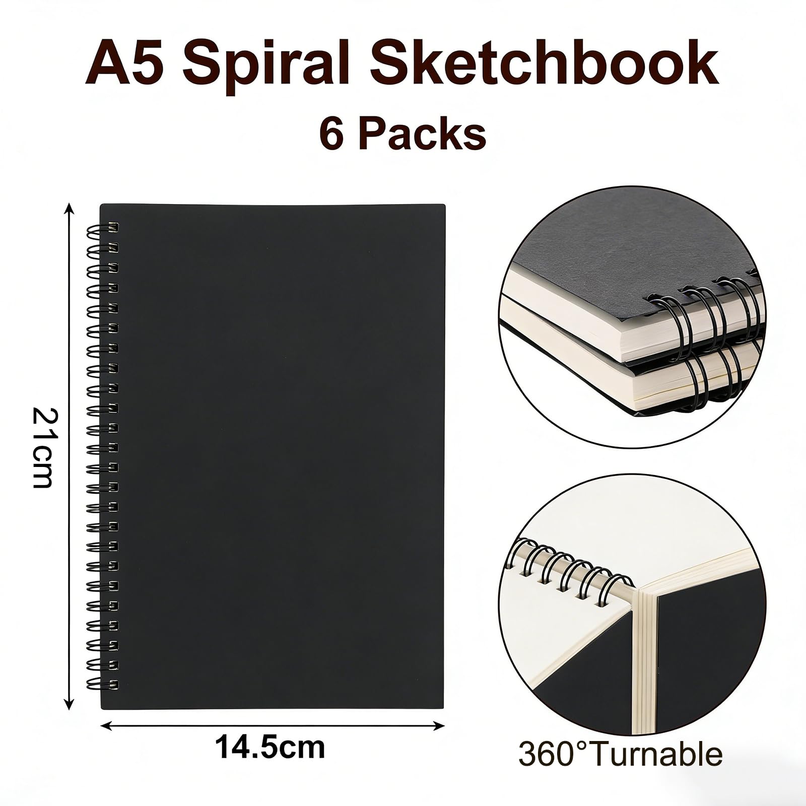 ASelected A5 Sketch Pad, 6 Pack Spiral Bound Notebooks, 60 Sheets Each, Blank Pages, Black Cover