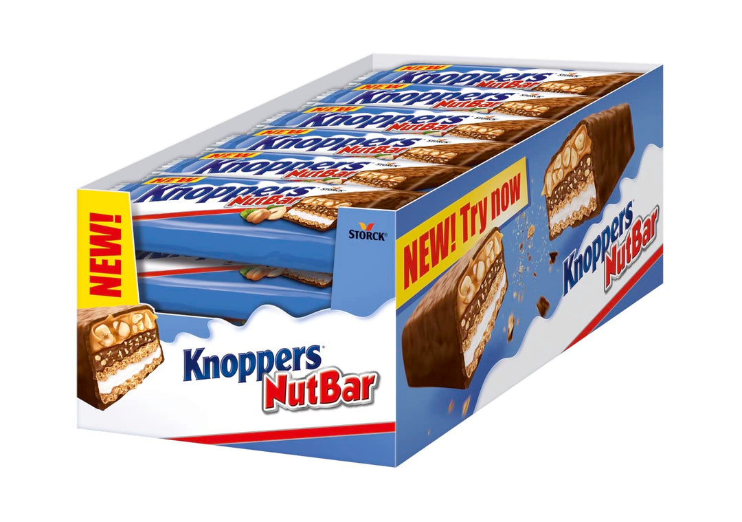 Knoppers Chocolate Hazelnut Nut Bar, 24-Pack Individually Wrapped Snack Bars with Wafer, Caramel & Hazelnuts