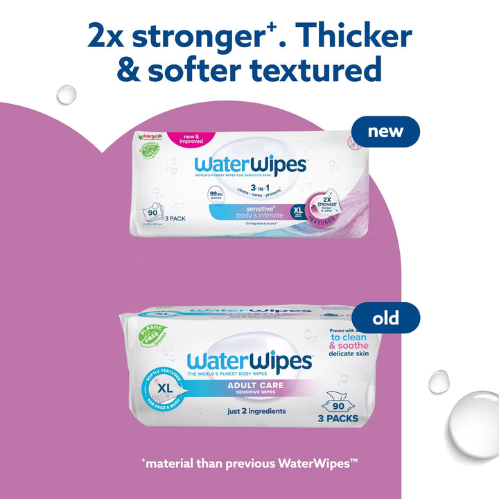 WaterWipes Sensitive+ Body & Intimate Wipes, 90 Wipes (3 Packs) - 3-in-1 Cleansing, Plastic-Free*, Plant-Based Wipes