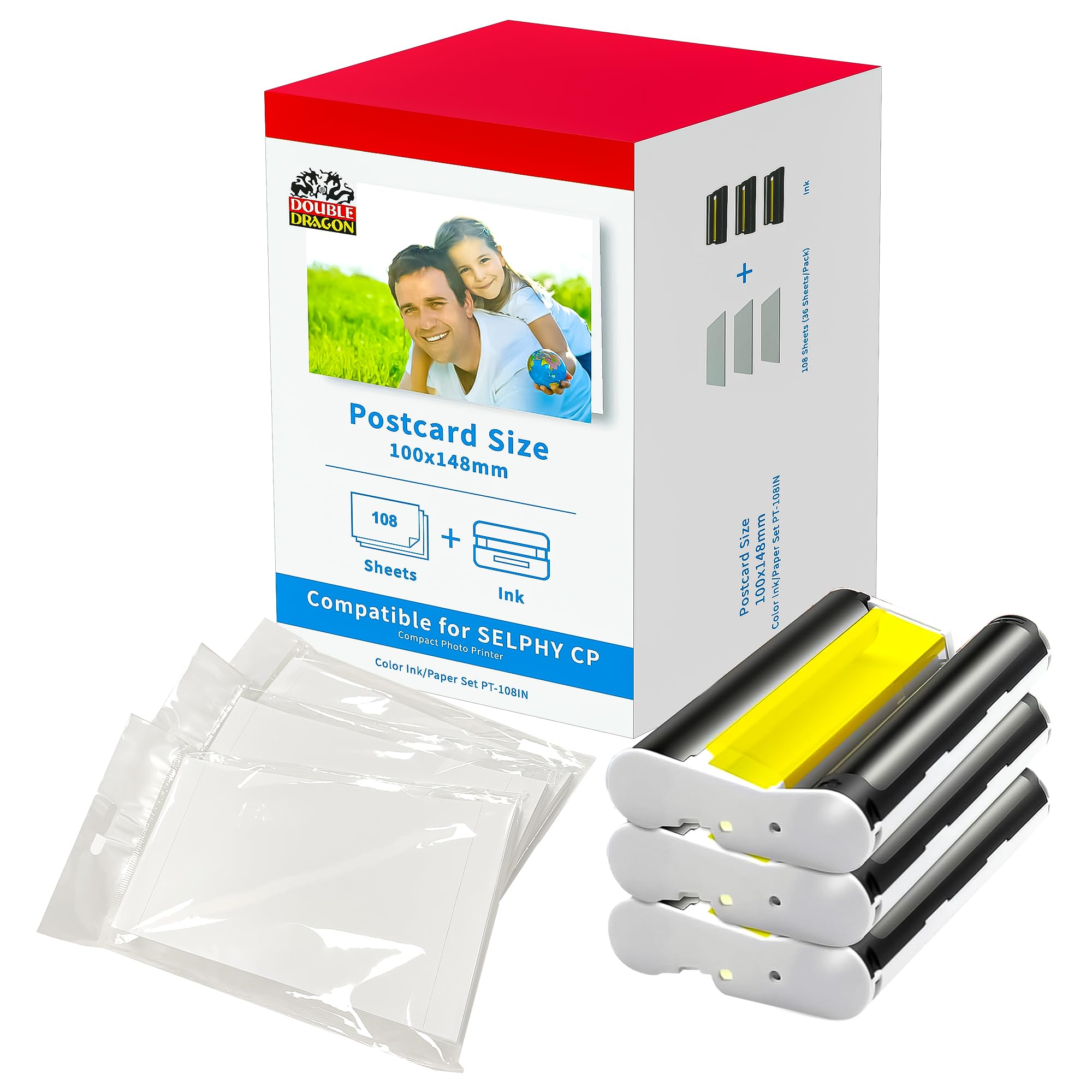 Double Dragon Photo Paper Ink Set - Replacement for Canon Selphy KP-108IN | 108 Sheets, 4x6"