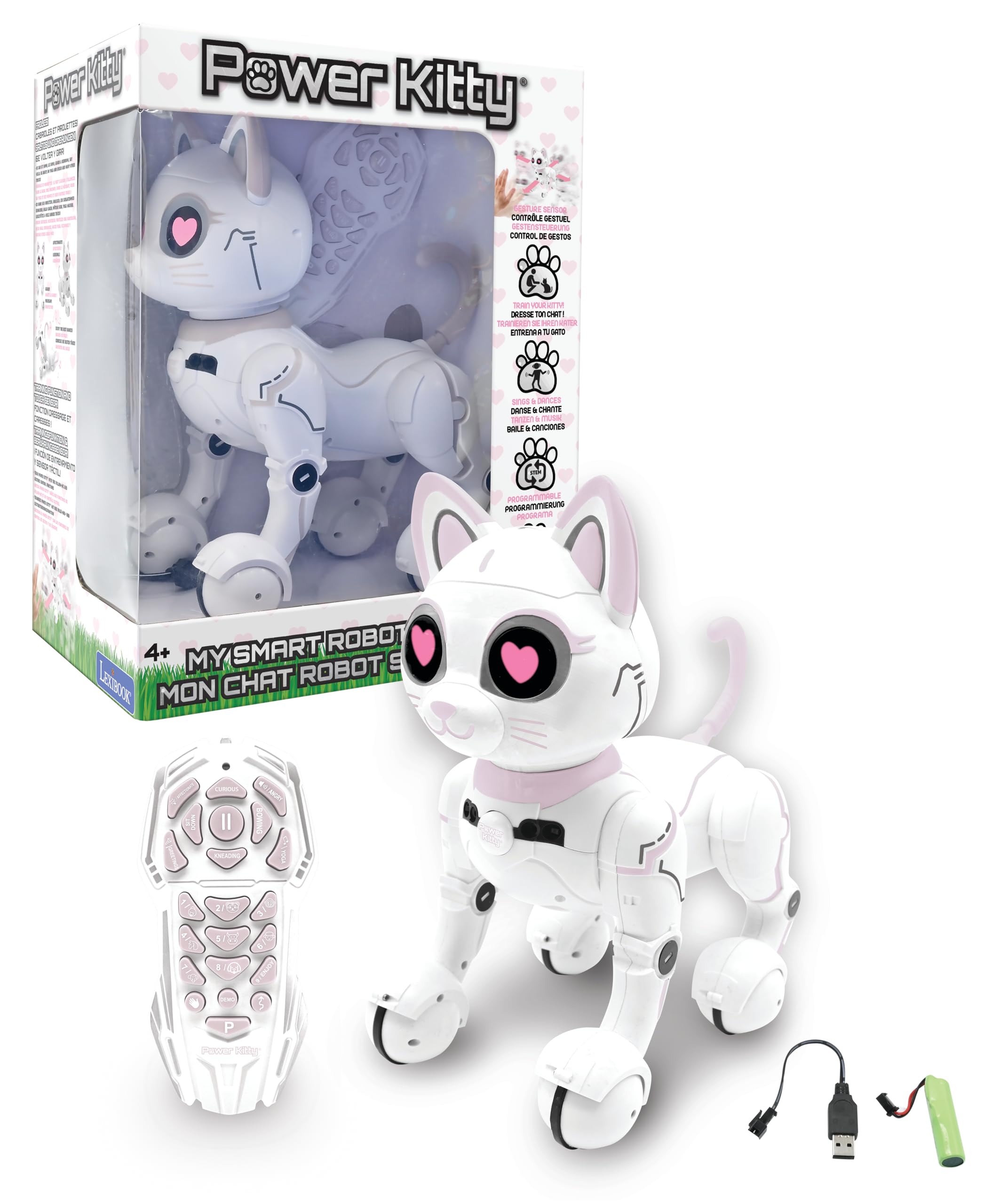 LEXIBOOK Power Kitty® - Remote Control Robot Cat with Gesture & Programming, Light, Sound, White/Pink - Ages 4+