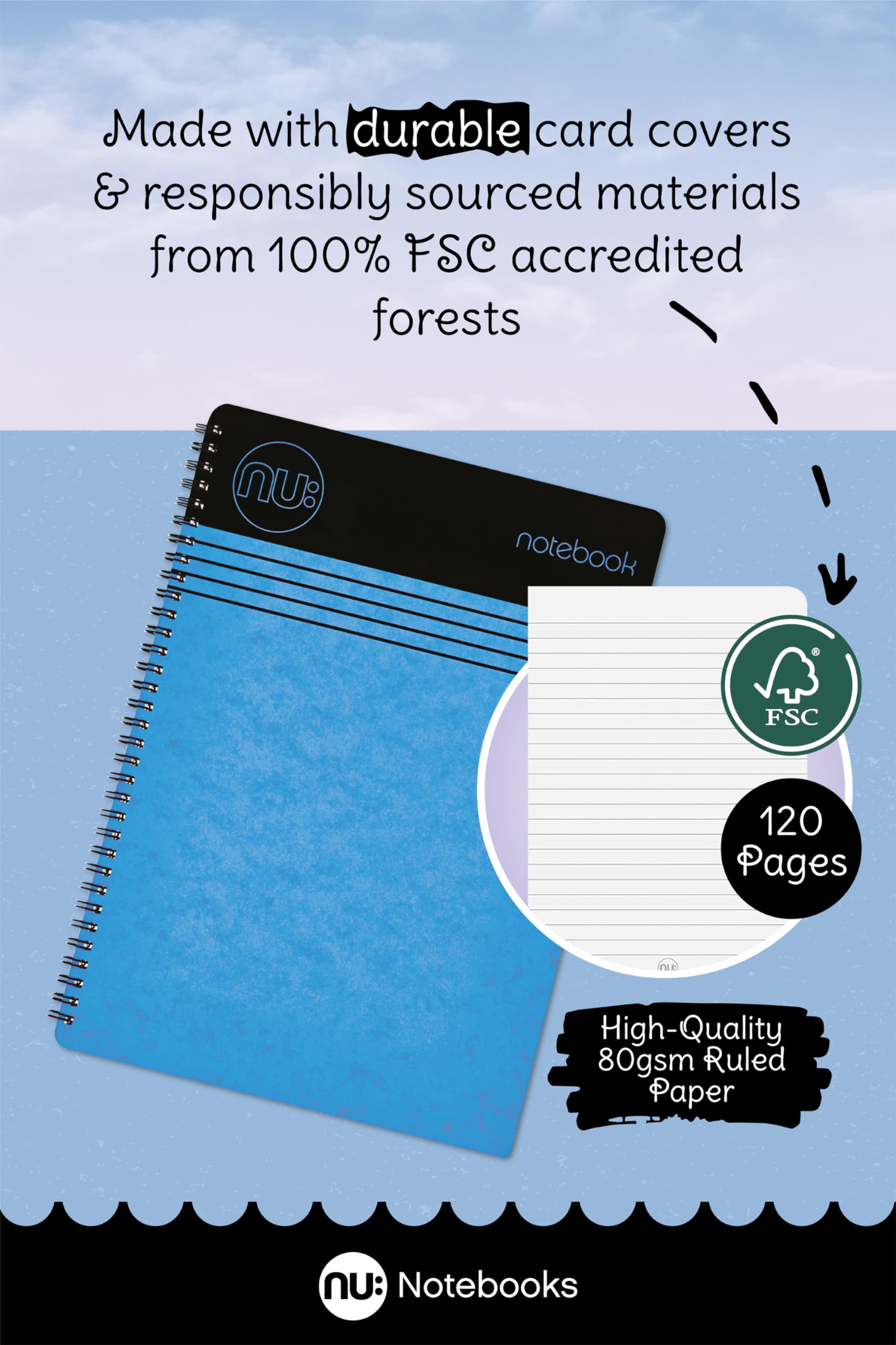 nu: Craze Cloud A5 Wirebound Notebook - Blue, Ruled, 80gsm FSC Paper, 3 Pack