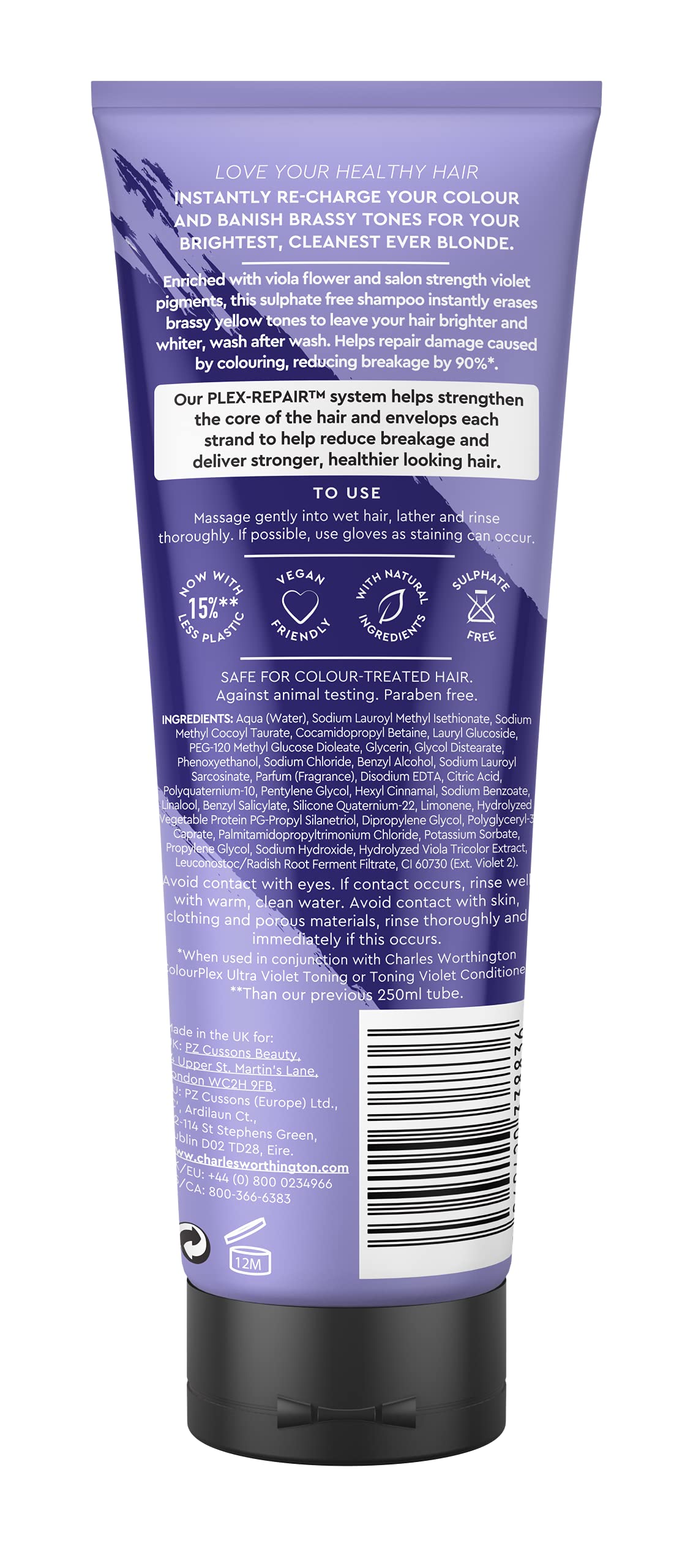 Charles Worthington ColourPlex Toning Ultra Violet Shampoo - Banishes Brassy Tones, Reduces Breakage by 90%, 250ml