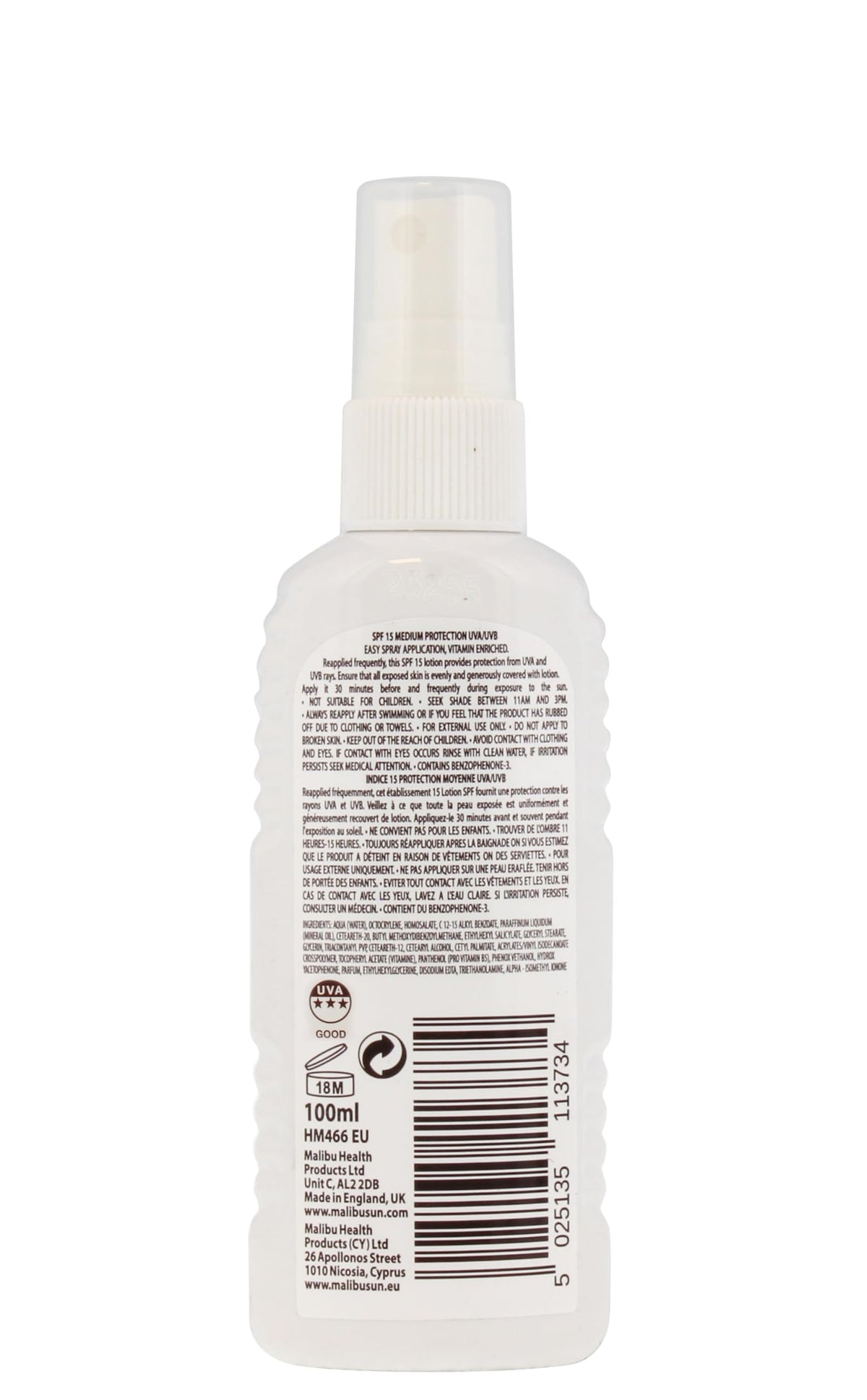 Malibu Sun SPF 15 Sun Lotion Spray - Vitamin Enriched, Moisturising, Water-Resistant, 100ml