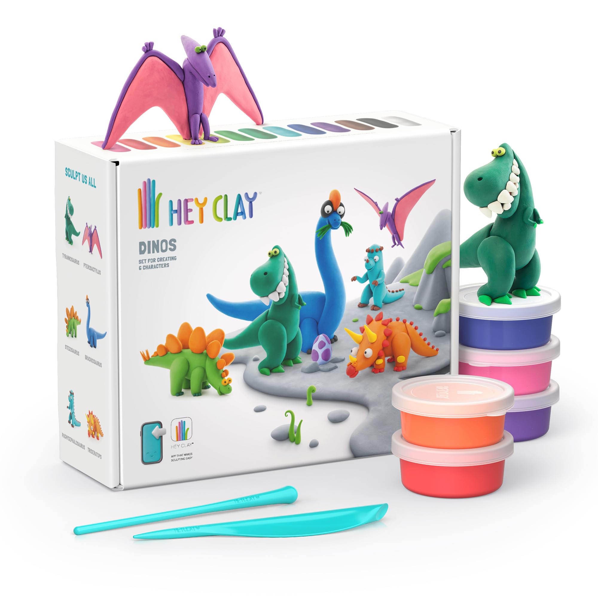 HEY CLAY Dinos Set - Air Dry Clay Kit with 15 Cans, Tools, and App Access