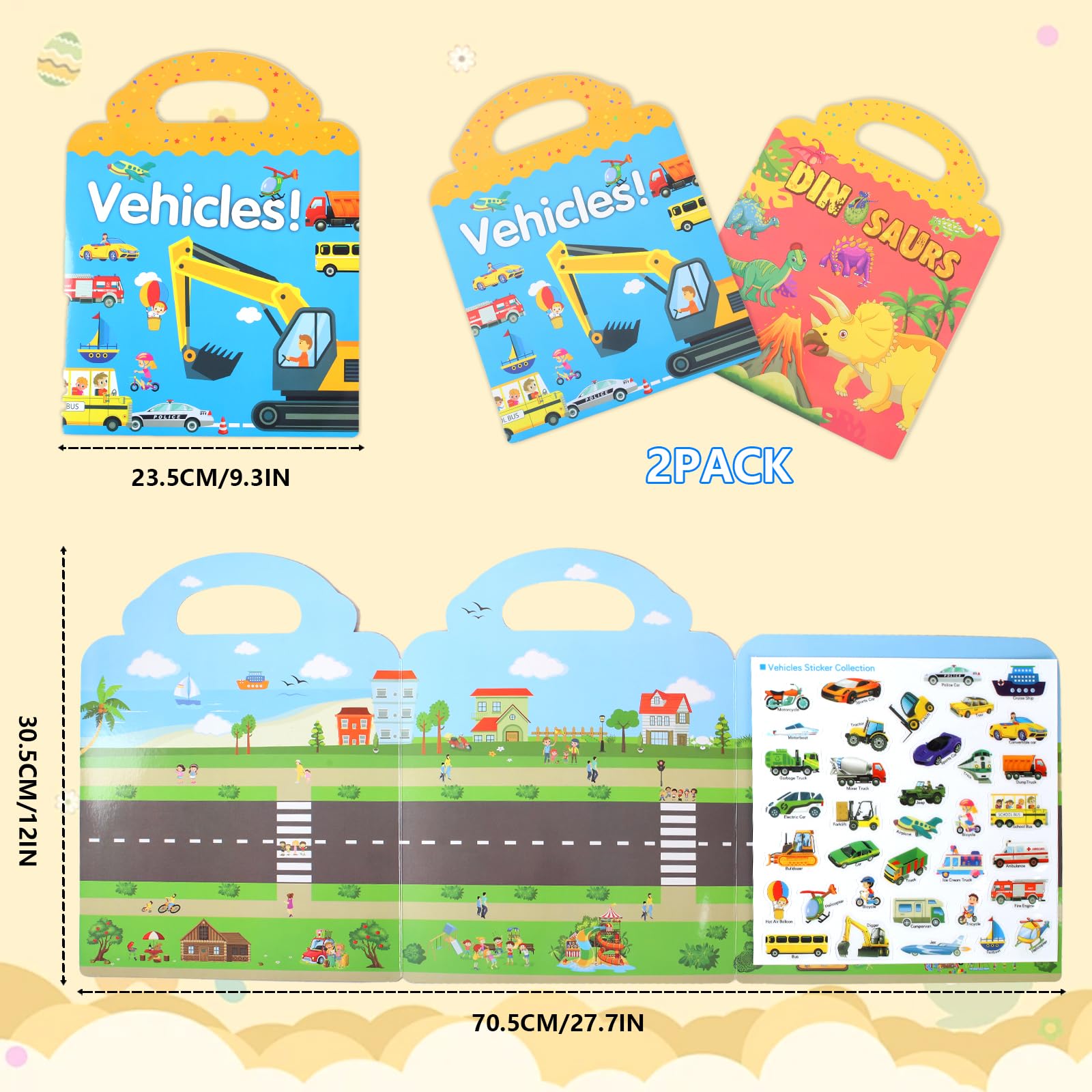 MOXYOY 2 Pack Reusable Sticker Books for Kids - Dinosaur & Vehicle Themes, Educational DIY Toys for Ages 3+ 2