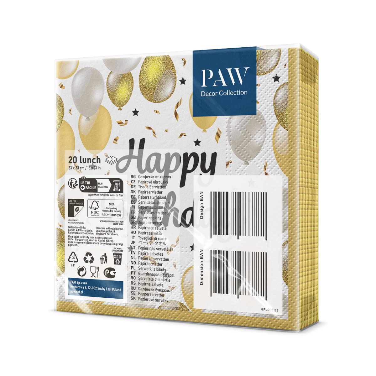 PAW Decor Collection Birthday Napkins - 3-Ply, Balloon Motif | 20 Pcs | 33 x 33 cm