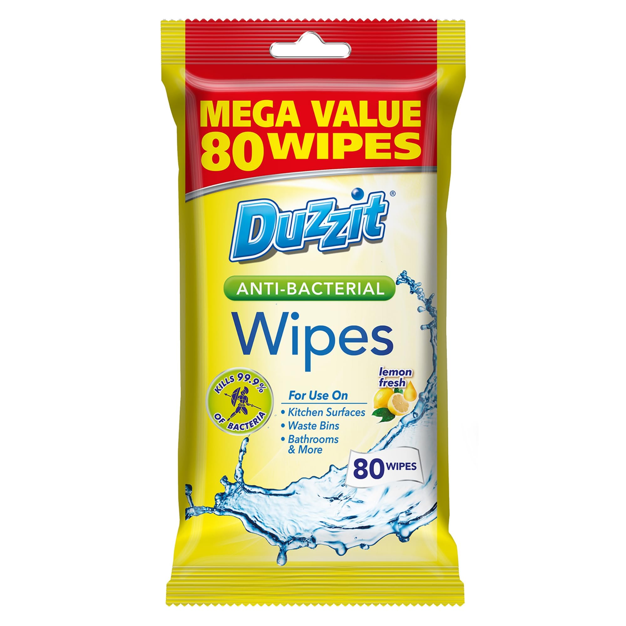 Duzzit Antibacterial Wipes - Kills 99.9% Bacteria & Viruses | Lemon Scent | 80 Count 1