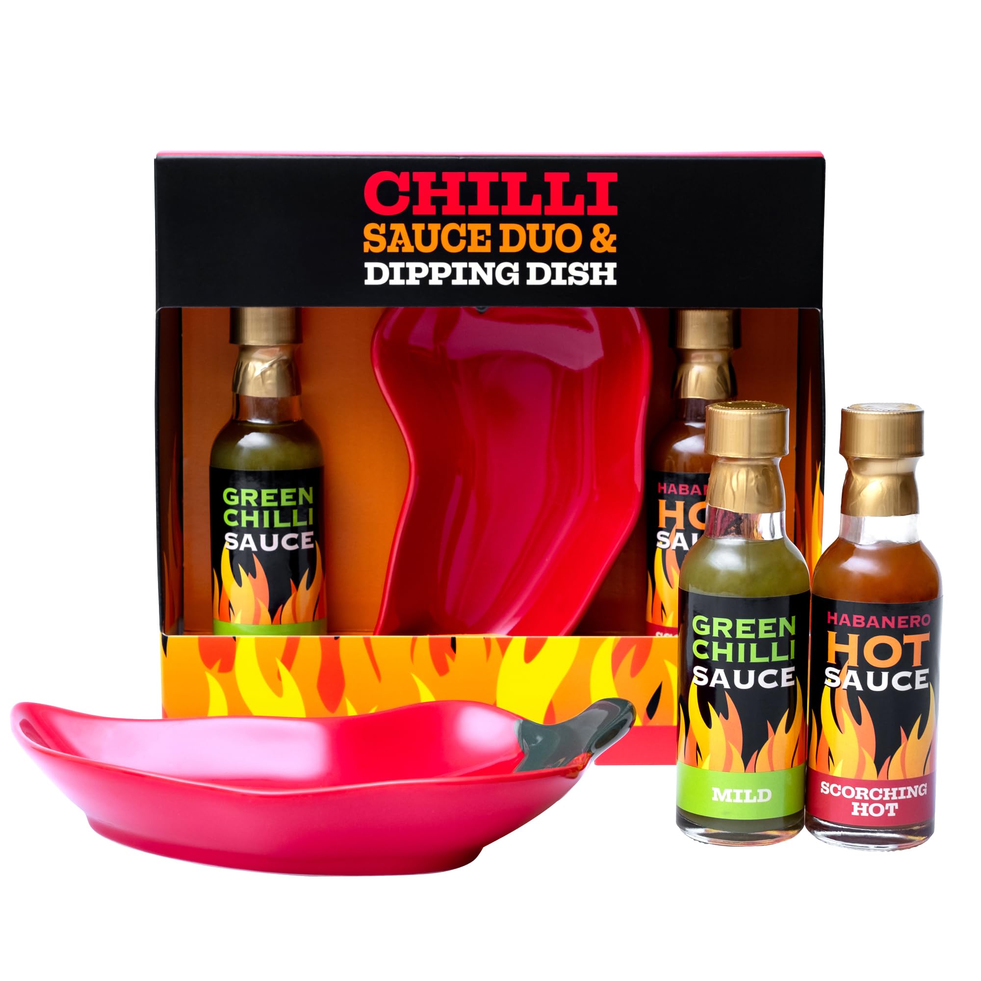 Hot Sauce Gift Set - Mild Green Chilli & Habanero Sauce Duo with Chilli Shaped Dipping Dish 10