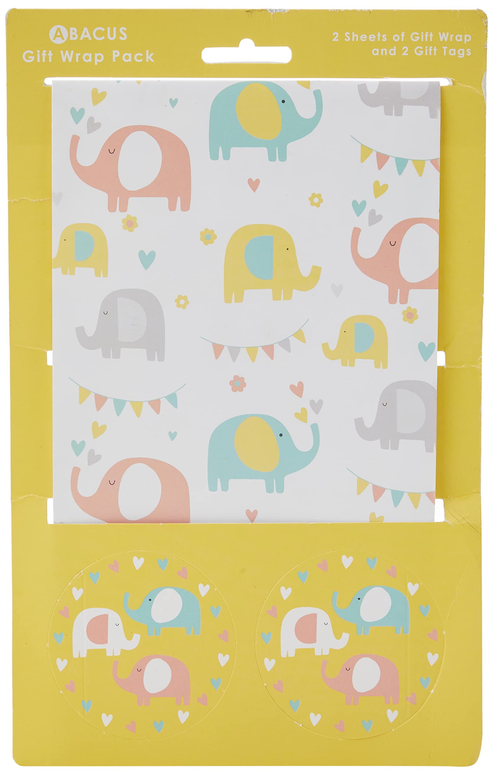 Abacus Elephant Fun Gift Wrap Pack - 2 Sheets, Glossy Finish, Includes Tags