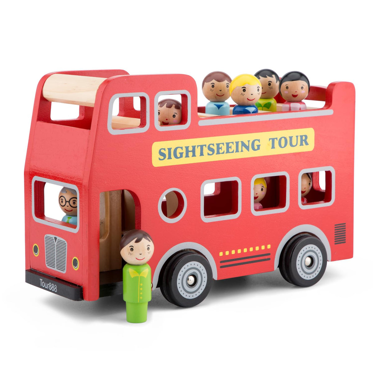 Woet City Tour Bus - Wooden Double-Decker with 9 Play Figures | FSC Certified Wood | Ages 2+