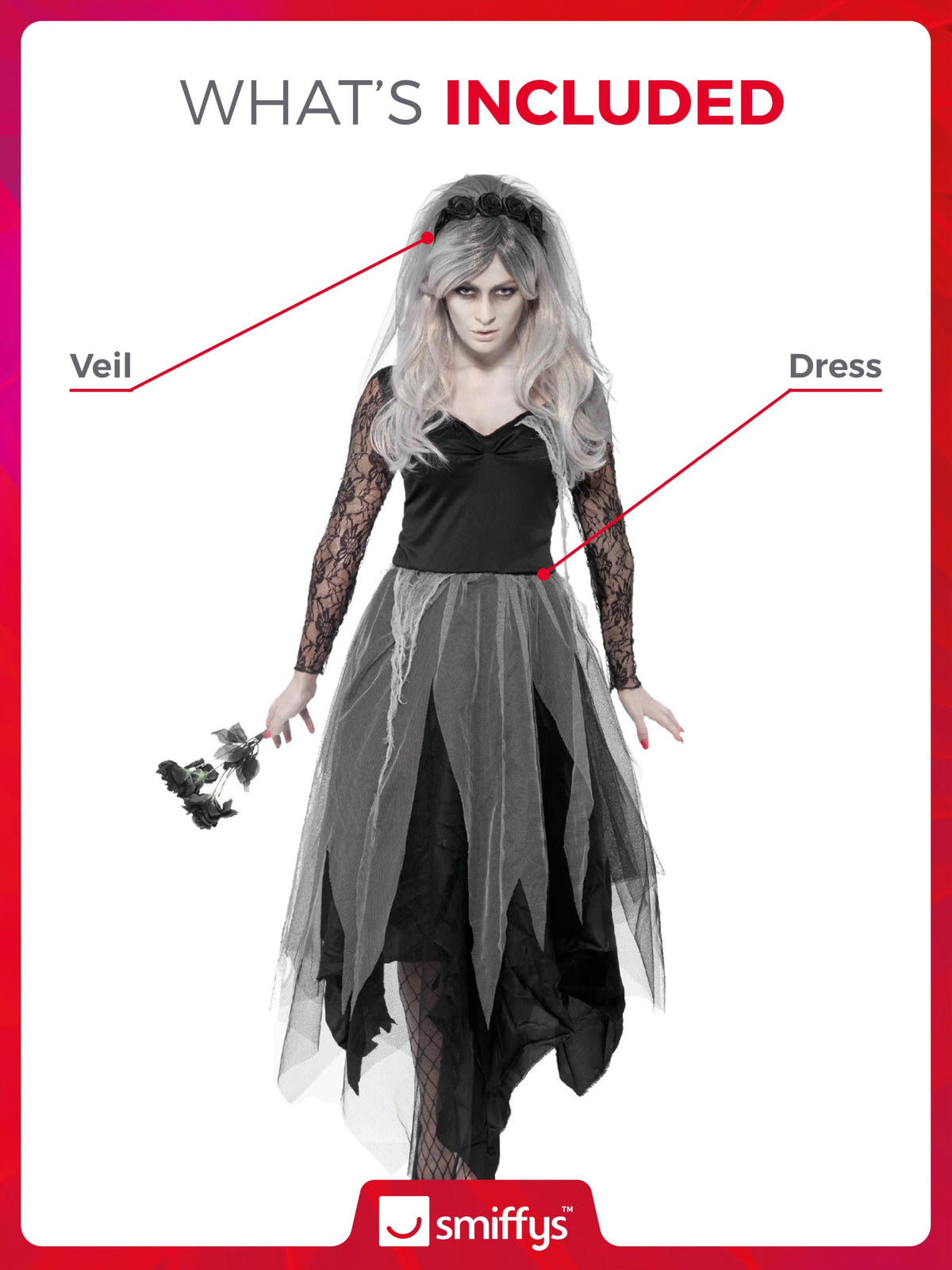 Smiffys Graveyard Bride Costume - Women's Dress and Rose Veil, Black, S (UK 8-10)
