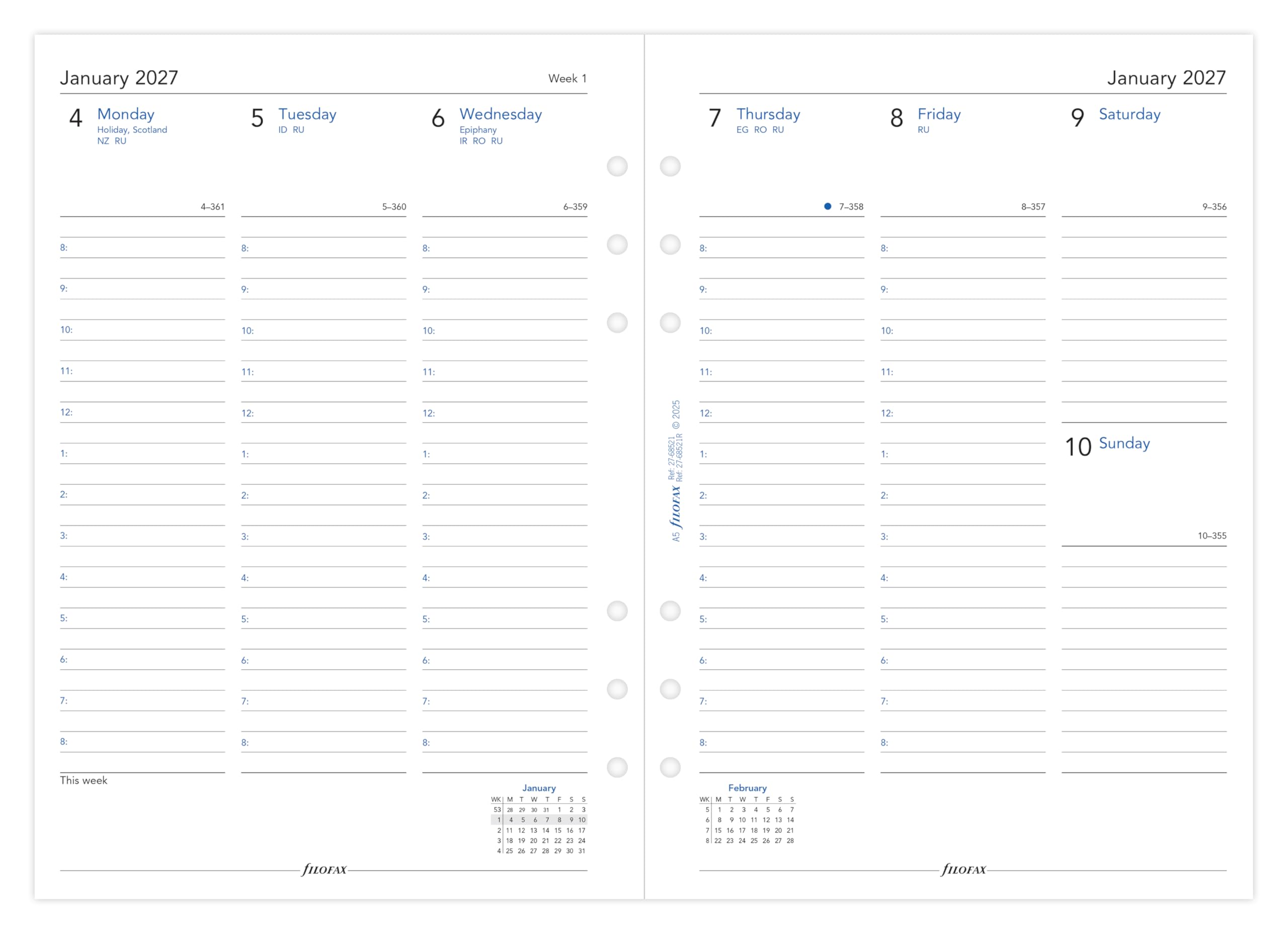 Filofax A5 2027 Diary Refill - Week on Two Pages Column Format | Recycled Paper | English