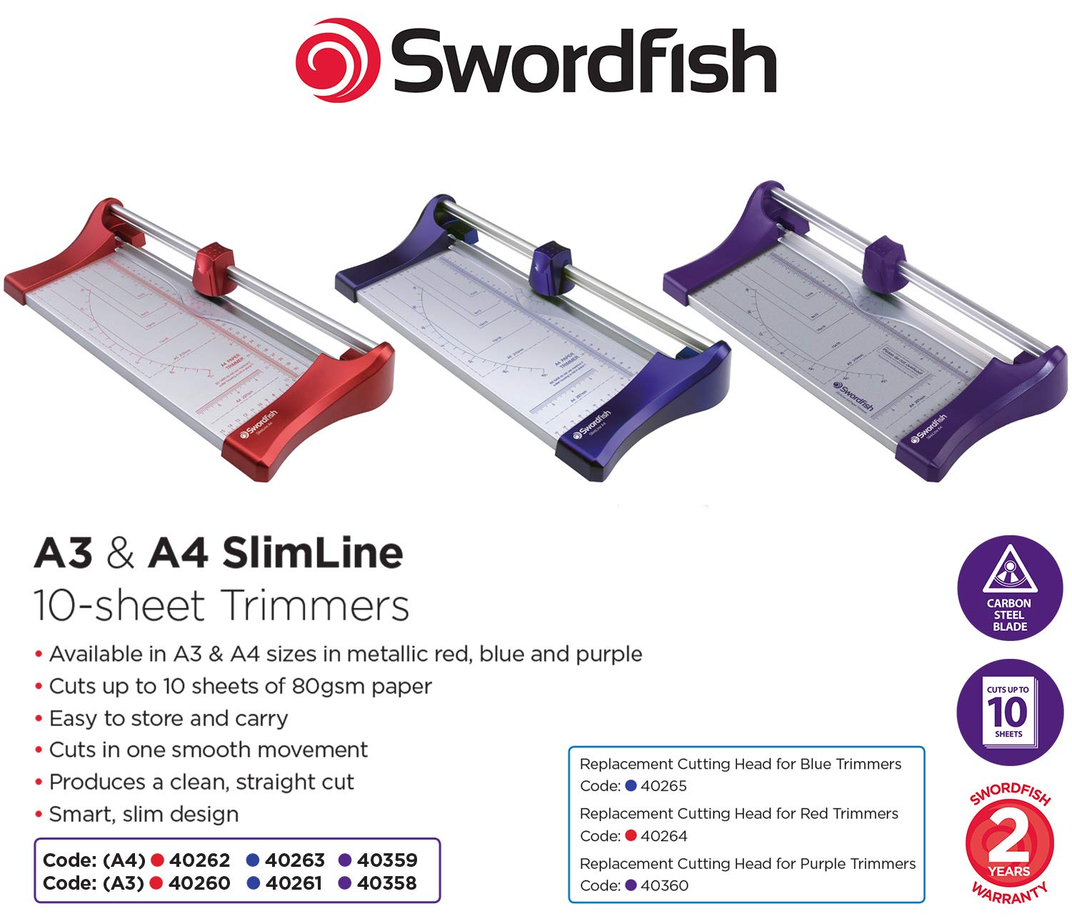 Swordfish A3 Slimline Rotary Paper Trimmer - 10 Sheet Capacity | 450mm Cut Length | Purple