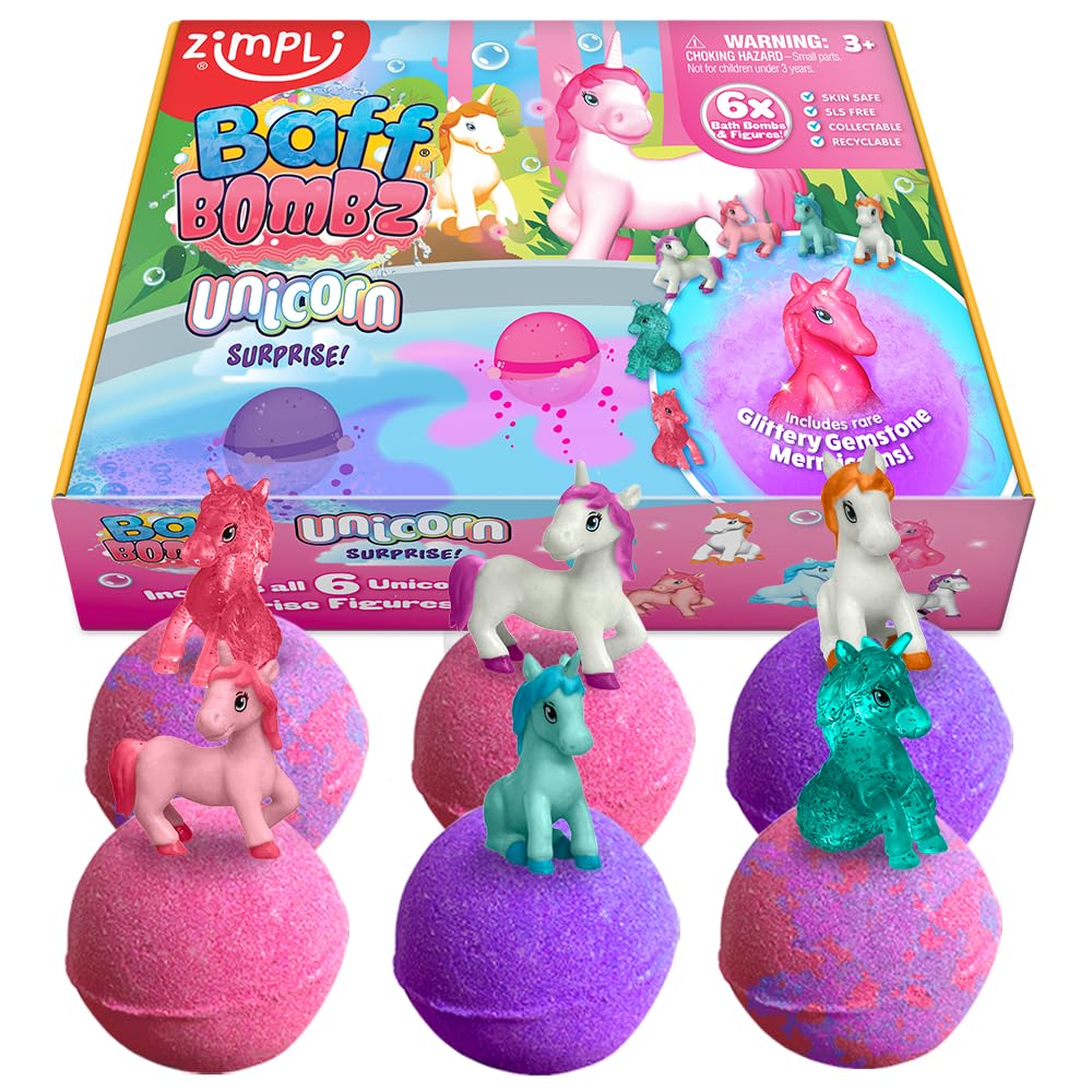 ZIMPLI 6 x Large Unicorn Surprise Bath Bombs with Unicorn Toys Inside | Strawberry Scent | Ages 3+
