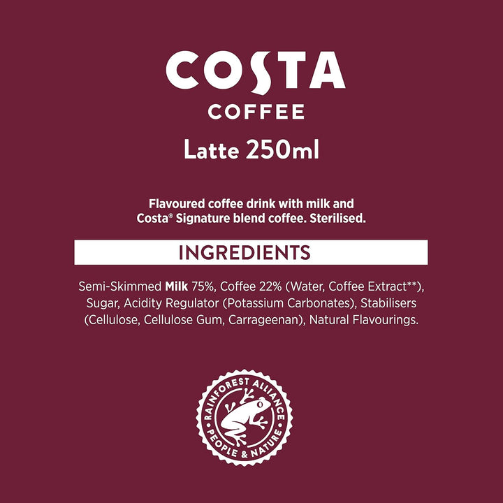 Costa Coffee Latte 4 x 250 ml - Creamy Ready-to-Drink Coffee with Mocha Italia Blend