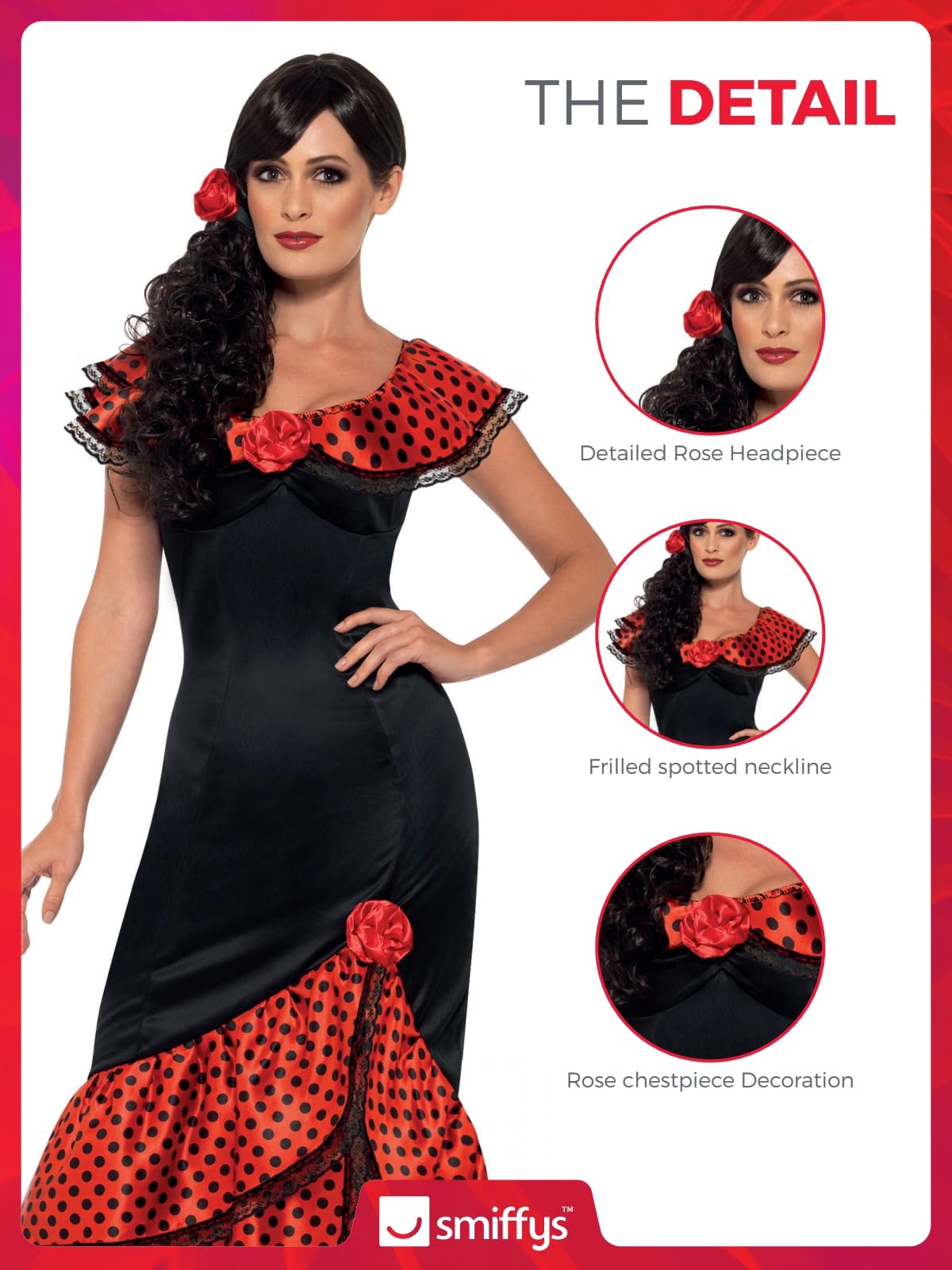 Smiffys Flamenco Senorita Costume - Adult Women's Size M (UK 12-14) | Black & Red Dress with Headpiece 3