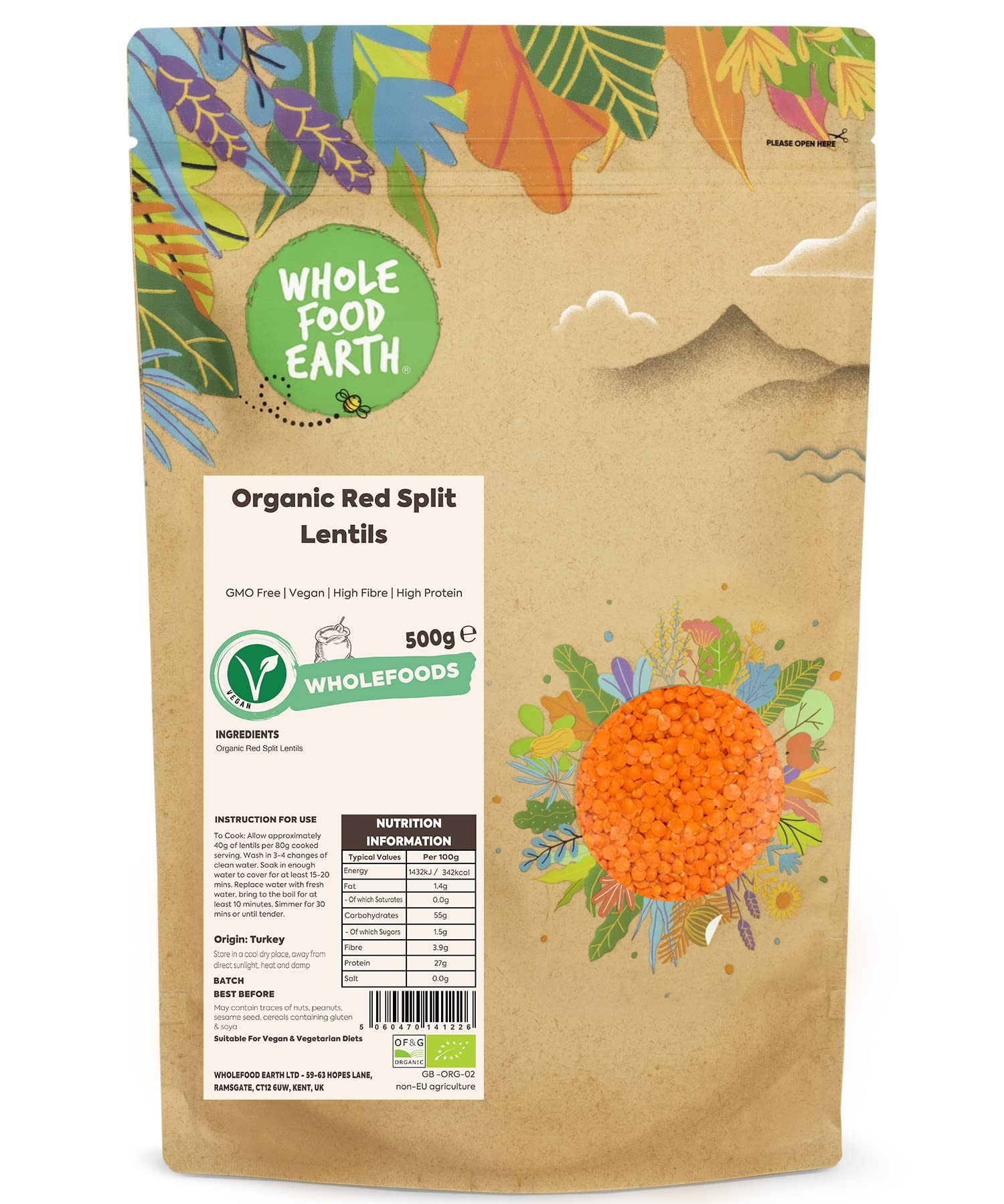 Wholefood Earth Organic Red Split Lentils 500g | GMO Free | Vegan | High Fibre 1