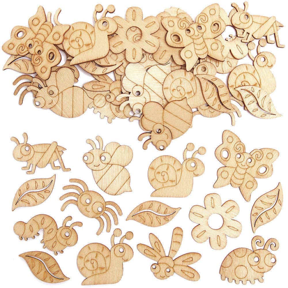 Baker Ross FC721 Bug Mini Wooden Shapes - Pack of 100, Wood Crafts for Kids, Card Making Supplies 1