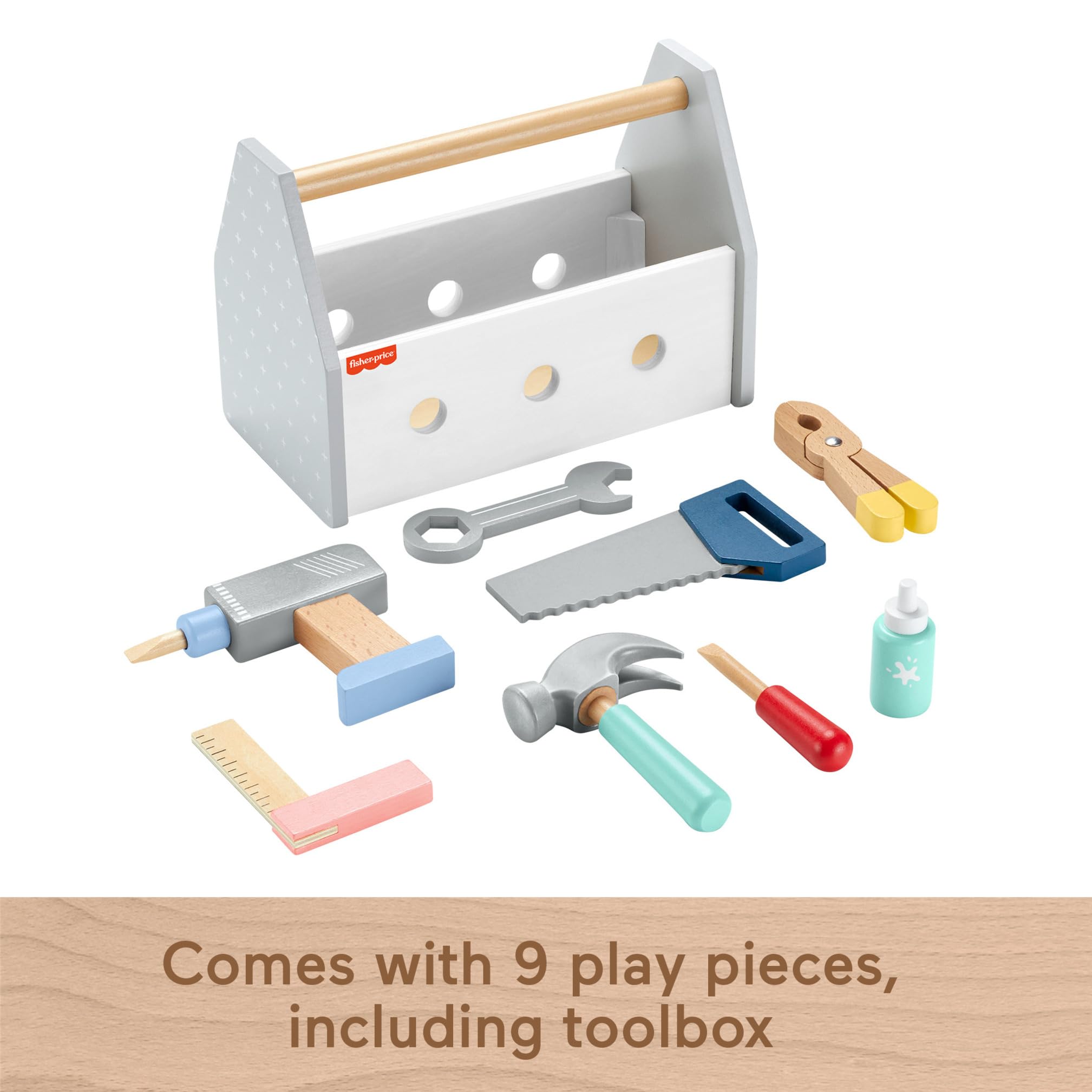 Fisher-Price Wood Pretend Play Toy Tool Box with Drill, 9-Piece Wooden Set | Ages 3+ 6