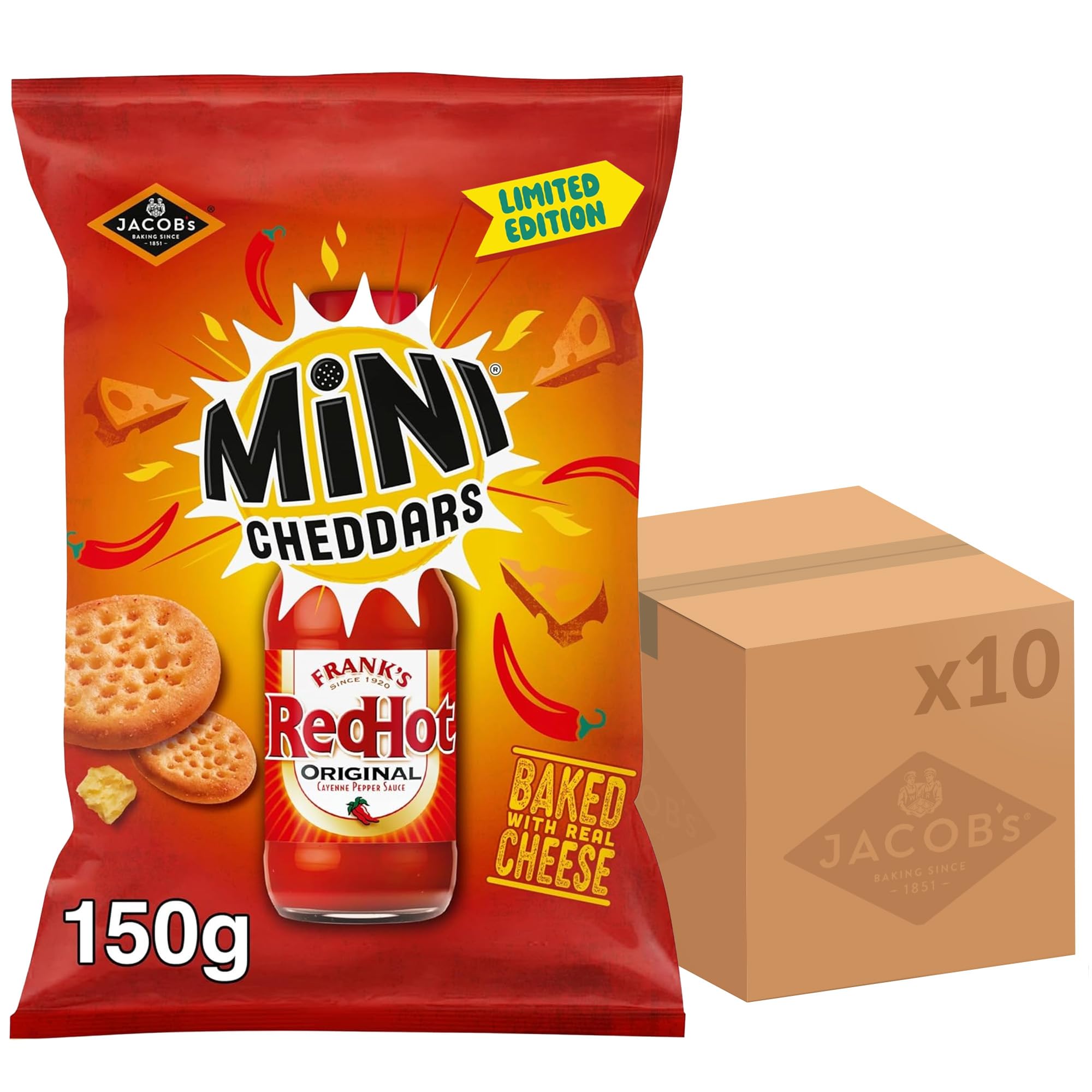JACOB'S Mini Cheddars Franks Red Hot Original Baked Snacks Share Bag | 150g | 10 Pack