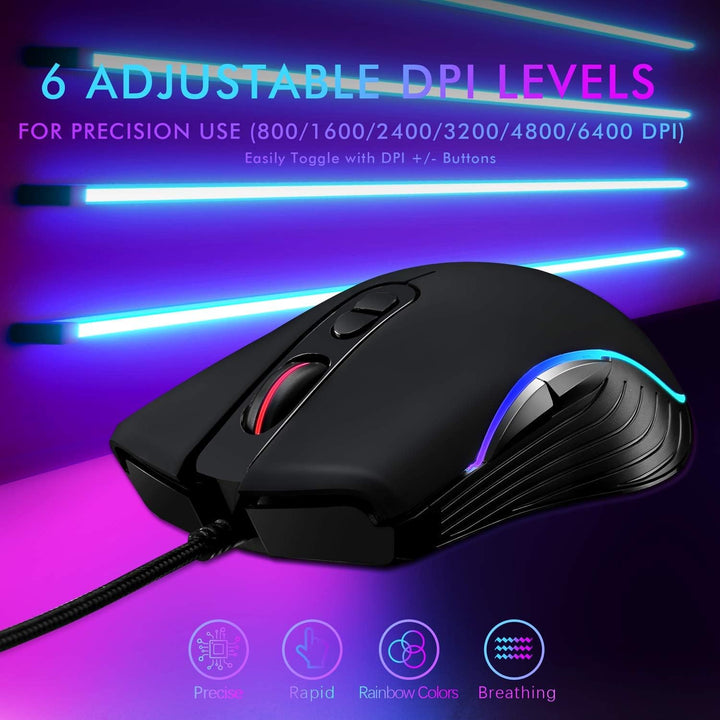 Lycander Gaming Mouse LMC380 - Wired Optical USB with 6400 DPI, 7 Buttons, RGB LED, 1.5M Cable
