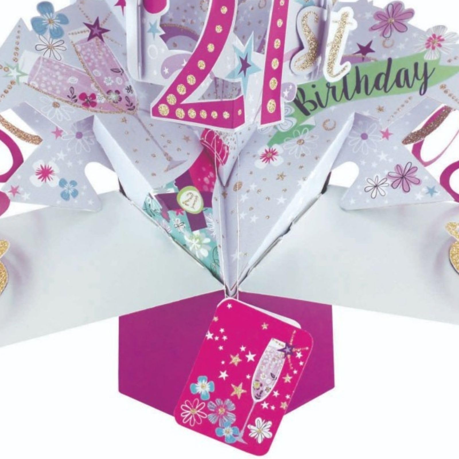 Second Nature Pop Ups 21st Birthday Champagne Bottle 3D Pop-Up Greeting Card | Pink 5