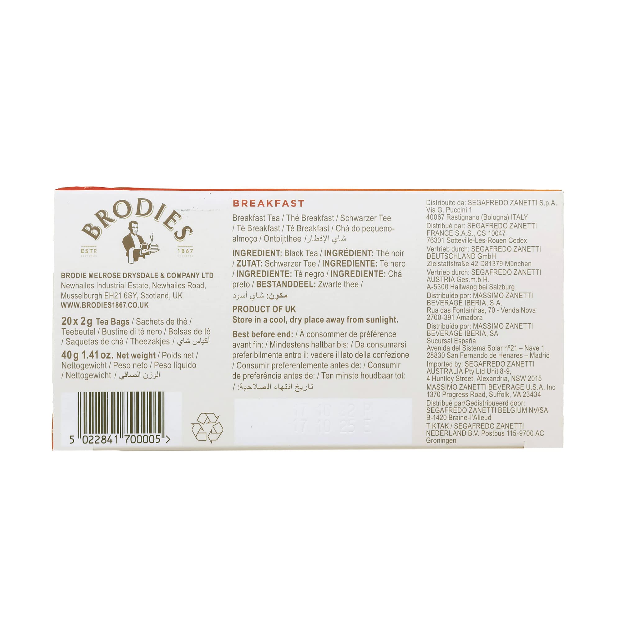 Brodies Breakfast Tea - 6 Boxes of 20 Individually Wrapped Tea Bags (120 Total) - Scottish Black Tea Blend 5