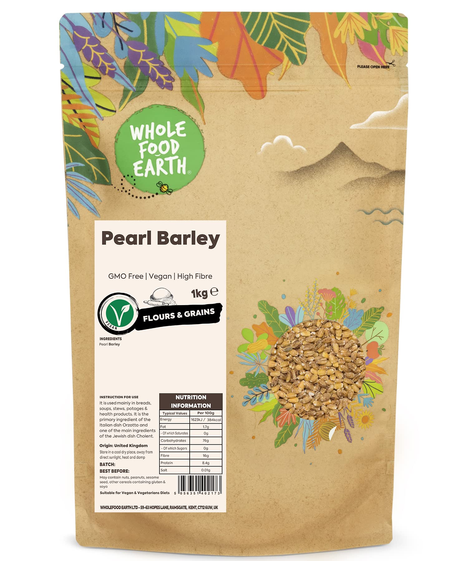 Wholefood Earth Pearl Barley 1 kg | GMO Free | High Fibre | Vegan | Recyclable Packaging 1
