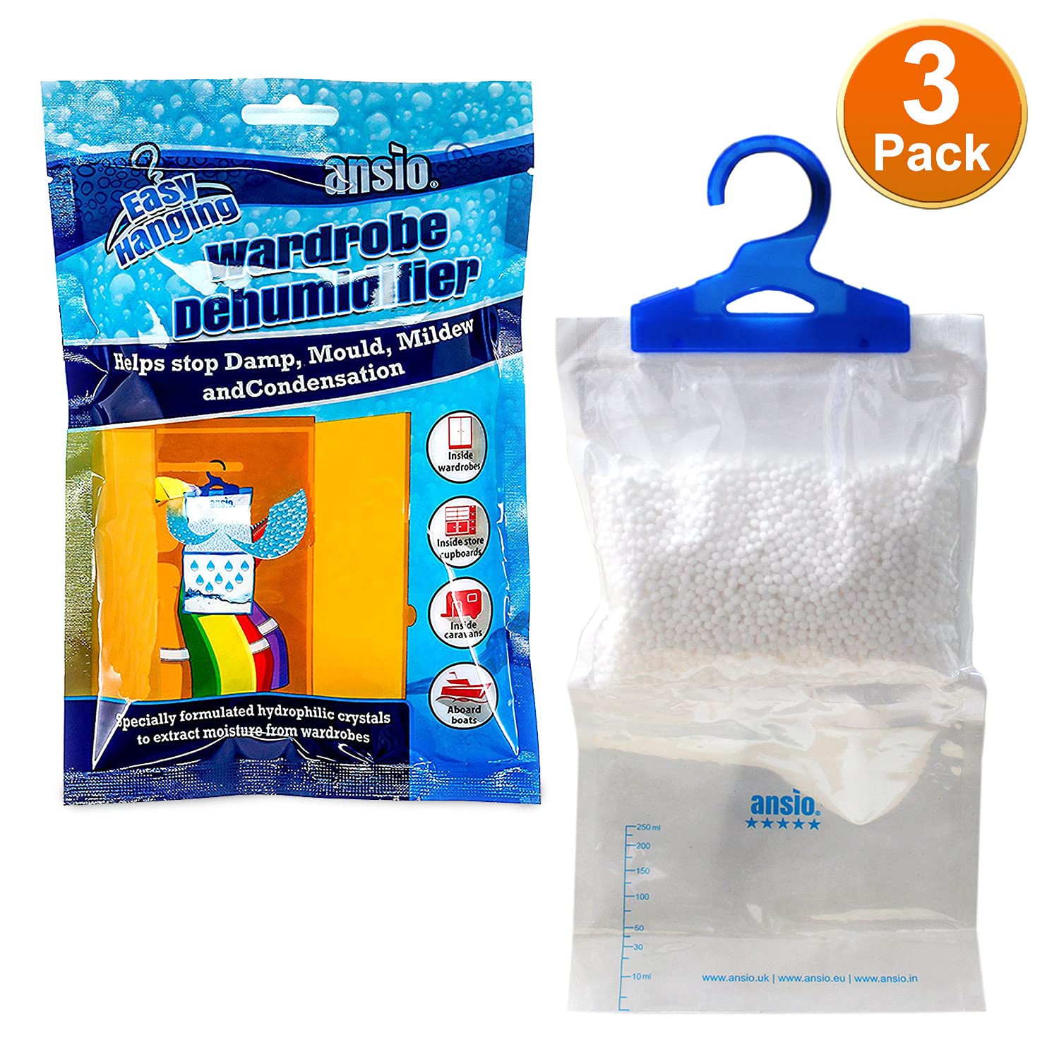 ANSIO Wardrobe Dehumidifier Disposable Hanging Bags - Pack of 3 | Absorbs Damp & Condensation 2