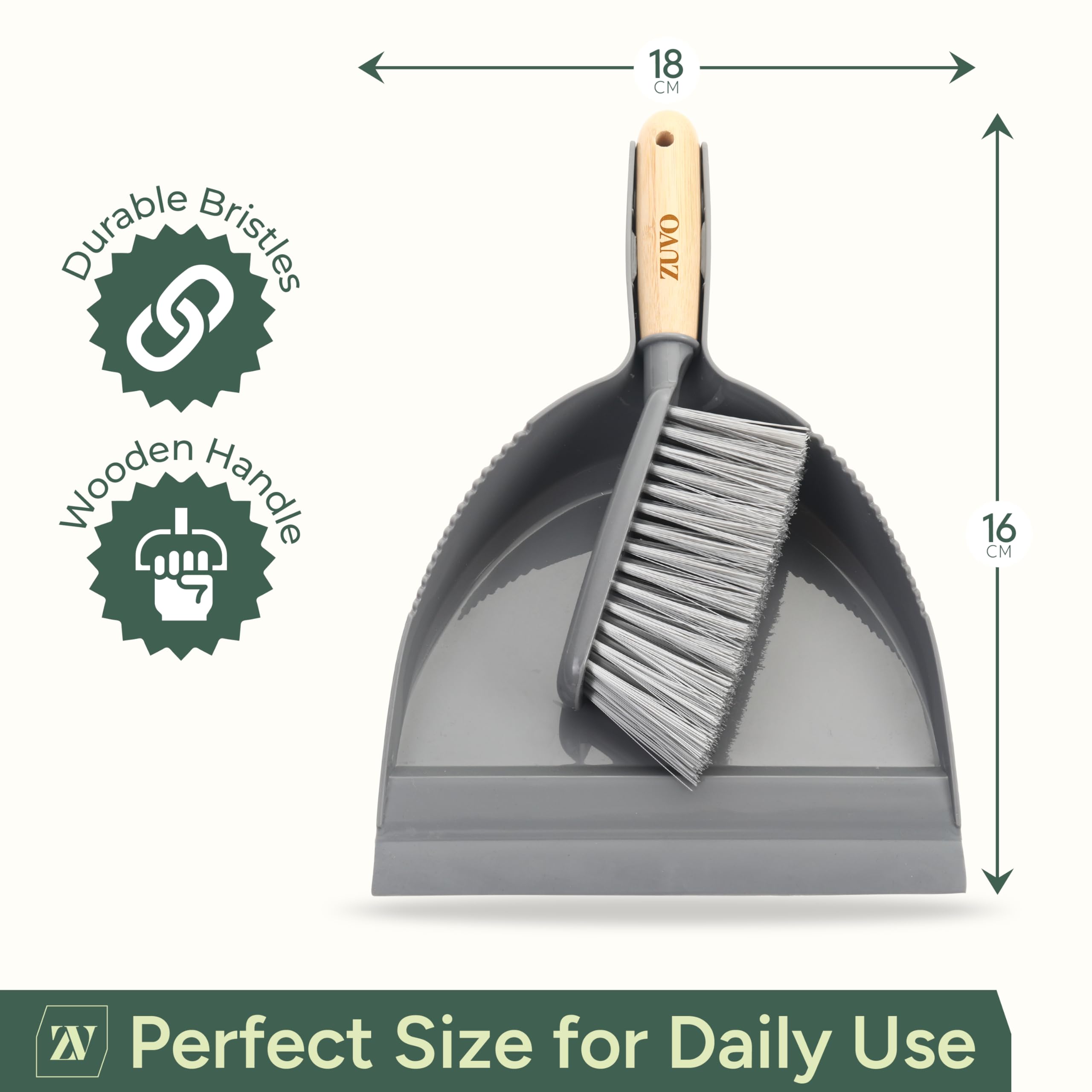 Zuvo Dustpan and Brush Set - Premium Bamboo Handle | Heavy Duty Bristles | Indoor/Outdoor Use 2