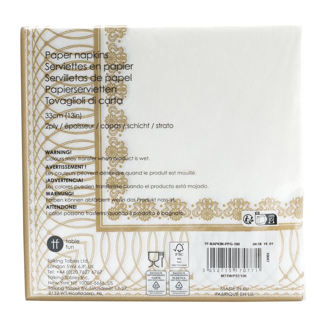 Talking Tables Soft Disposable Gold Paper Napkins - 100 Count, 2-Ply, 33cm Luncheon Size