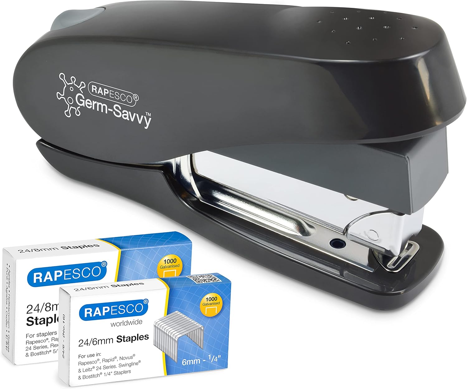 Rapesco 1466 Germ-Savvy Antibacterial, Luna-Less Effort ECO Front Loading Stapler & 2,000 Staples, Black