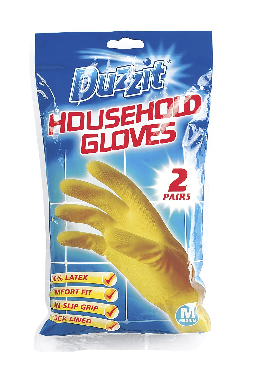 Duzzit Household Gloves - 100% Latex, Comfort Fit Lined, Yellow, Size M (Pack of 2)