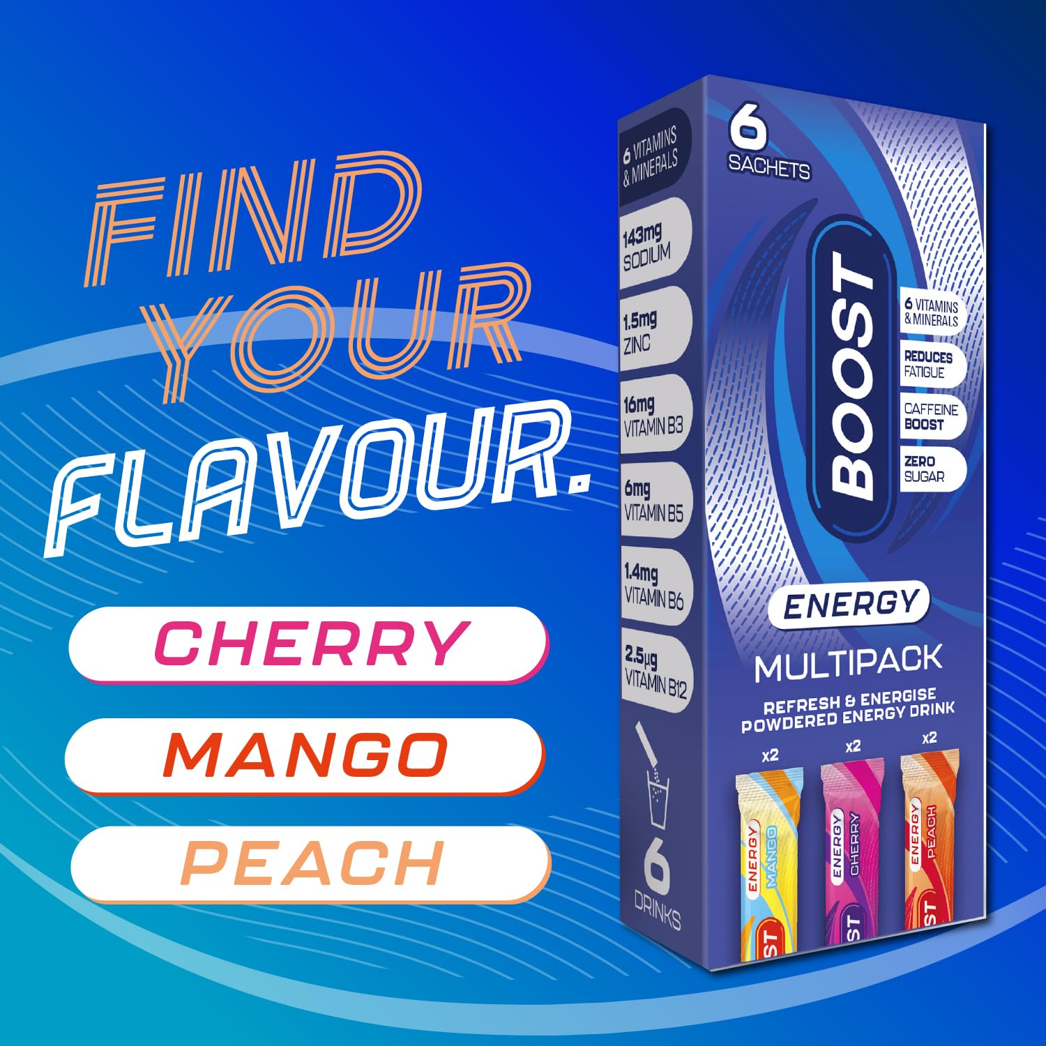 Boost Energy and Hydration Powder - Sugar Free | 6X Mixed Flavour Sachets | Caffeine & B-Vitamins 7