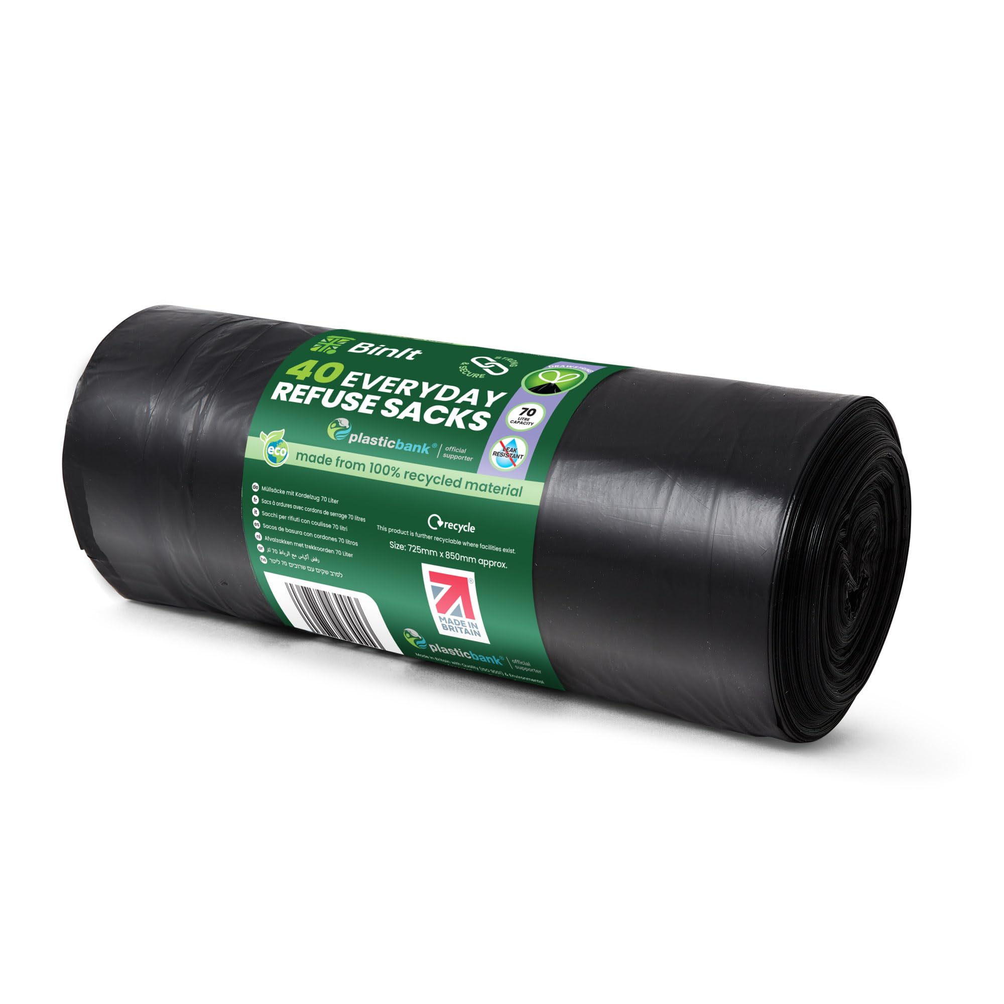 BIN IT Everyday Refuse Sacks - 70 Litre Capacity, Drawstring Closure, Black | 40 Count