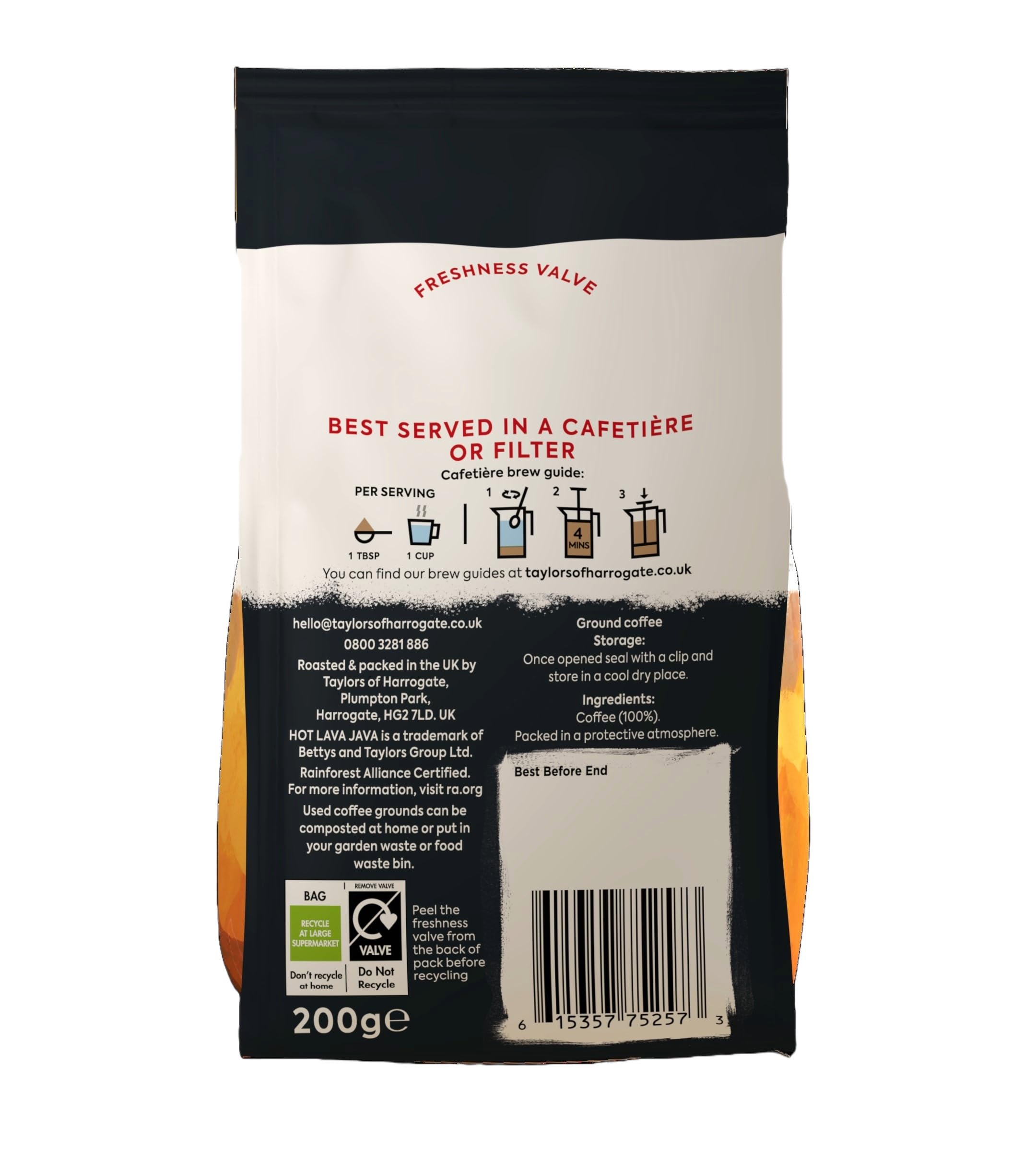 Taylors of Harrogate Hot Lava Java Ground Coffee - Extra Dark Roast, Smoky Notes | 200g Pack of 6 7