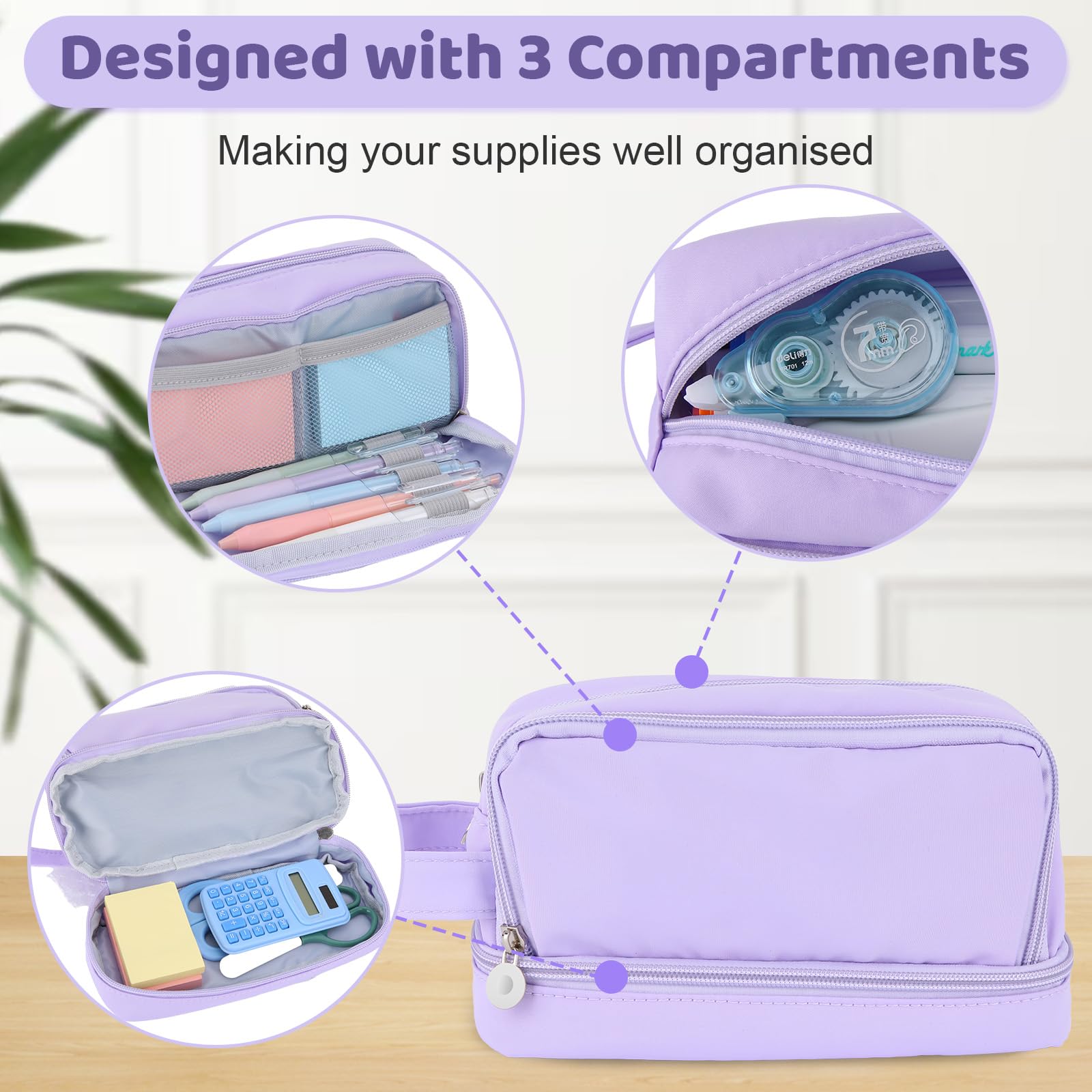 Alyvisun Large Capacity Pencil Case with 3 Compartments | Canvas Material | Purple 3