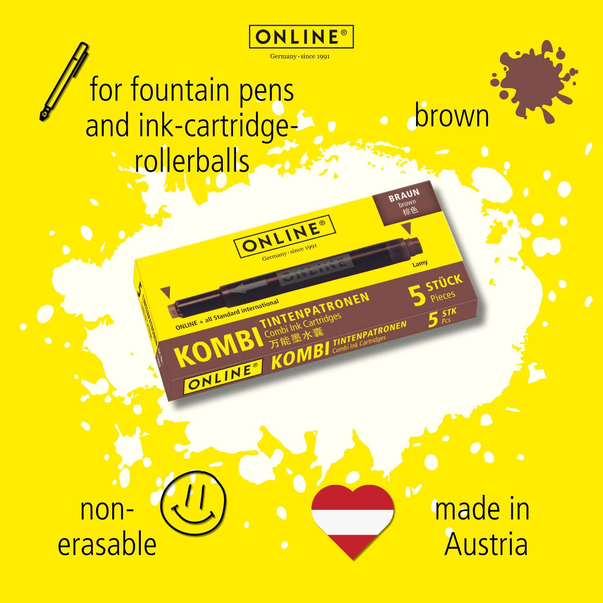 Online Universal Double-Sided Fountain Pen Refills - Brown Ink | 5 Cartridges | Compatible with Lamy 3