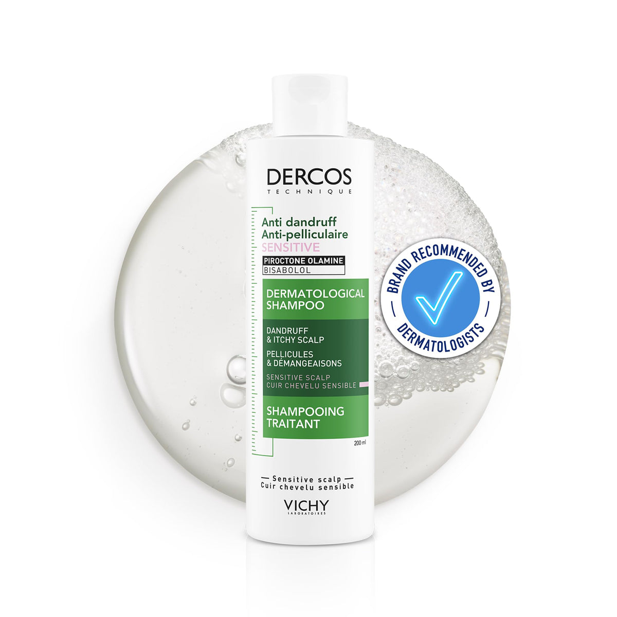 Vichy Dercos Anti-Dandruff Shampoo for Sensitive Scalp - Gentle Exfoliation, Sulphate-Free Formula, 200ml