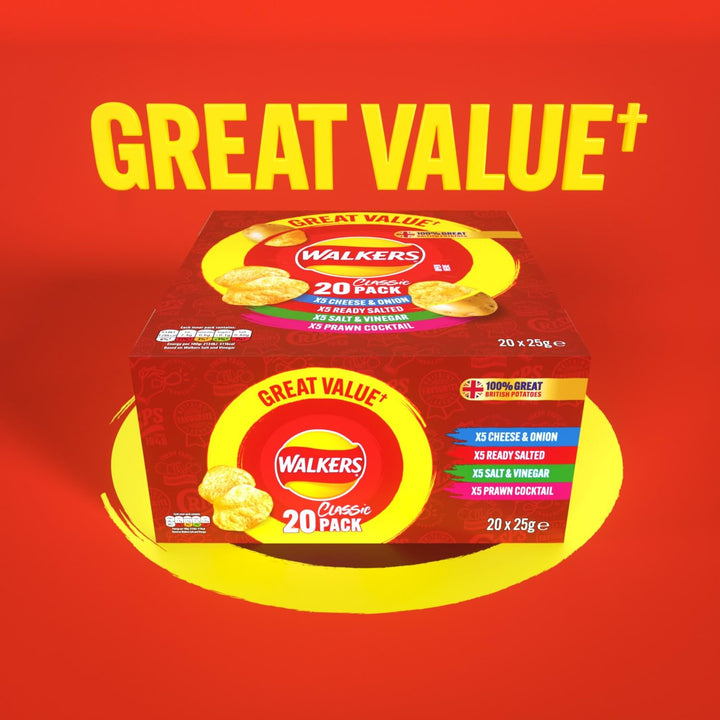 Walkers Classic Variety Multipack Crisps Box 20x25g - Ready Salted, Cheese & Onion, Salt & Vinegar, Prawn Cocktail