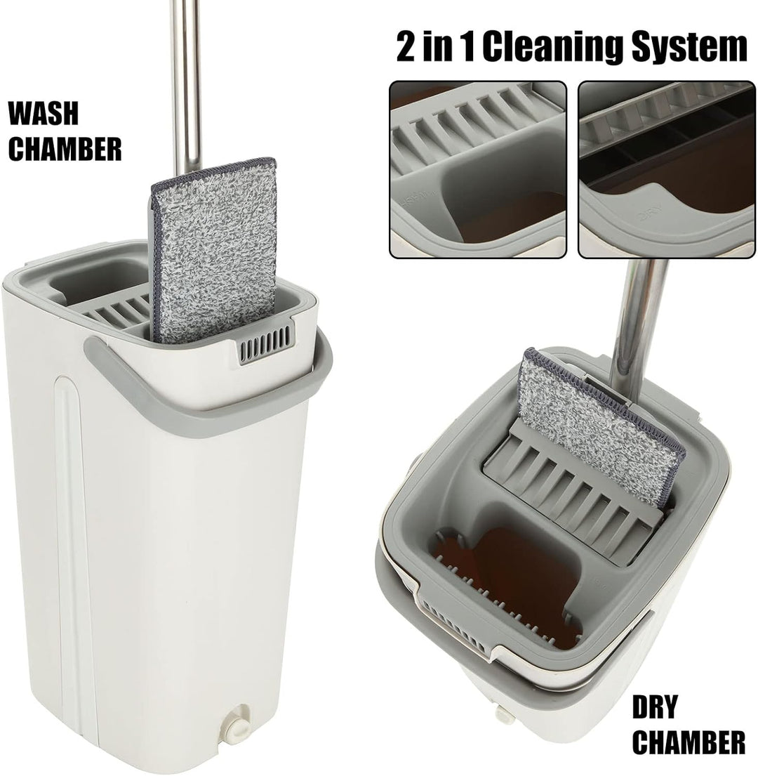 ASelected - Flat Mop and Bucket Set with Hands-Free Squeeze, 10 Reusable Microfiber Pads, Stainless Steel Handle