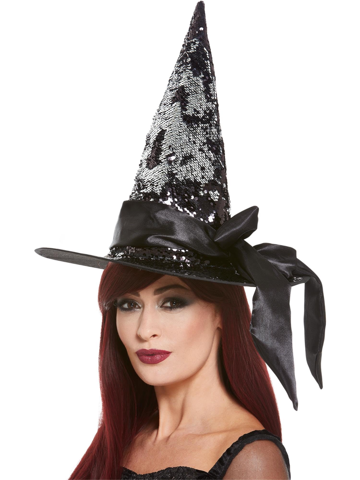 Smiffys Reversible Sequin Witch Hat with Satin Bow, Black & Silver, Halloween Costume Accessory 1