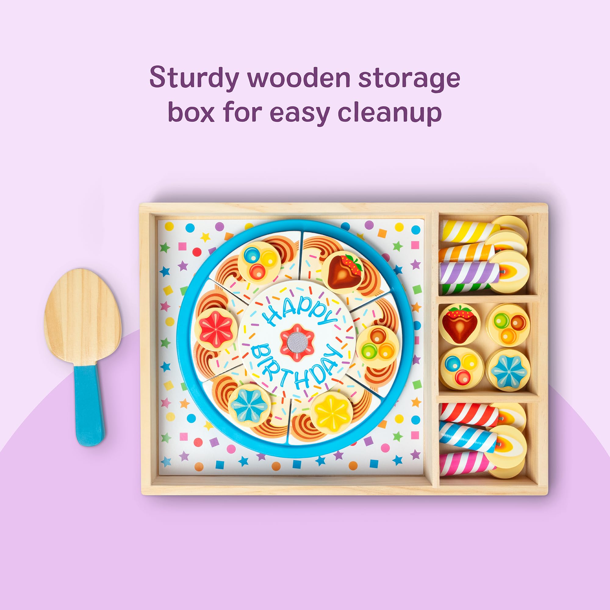 Melissa & Doug Wooden Birthday Cake Play Food Toy for Kids Ages 3+ | Includes 6 Slices & Toppings 5