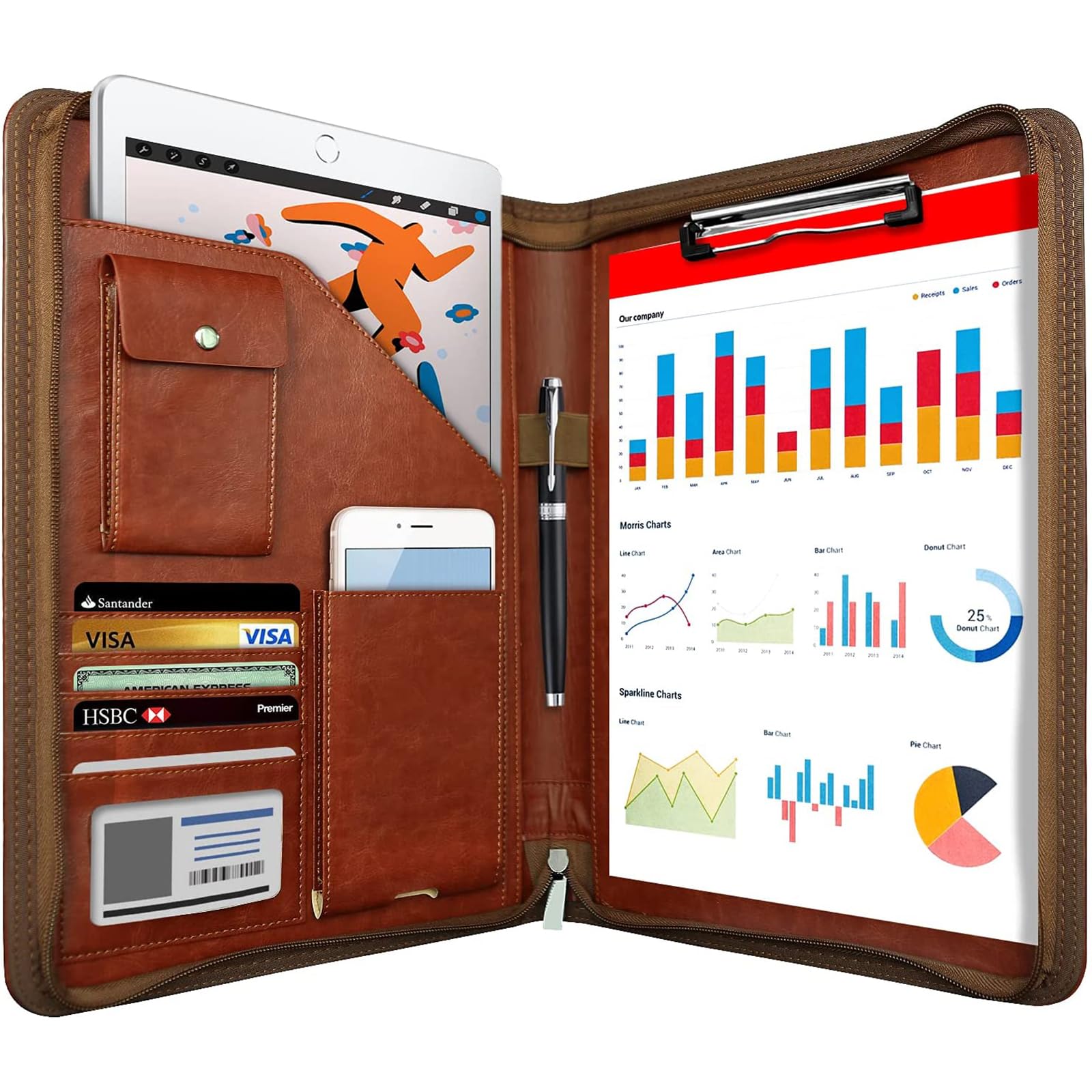 NEWYES Leather Zipper Conference Folder - A4 Size, Brown Faux Leather Organizer | Waterproof